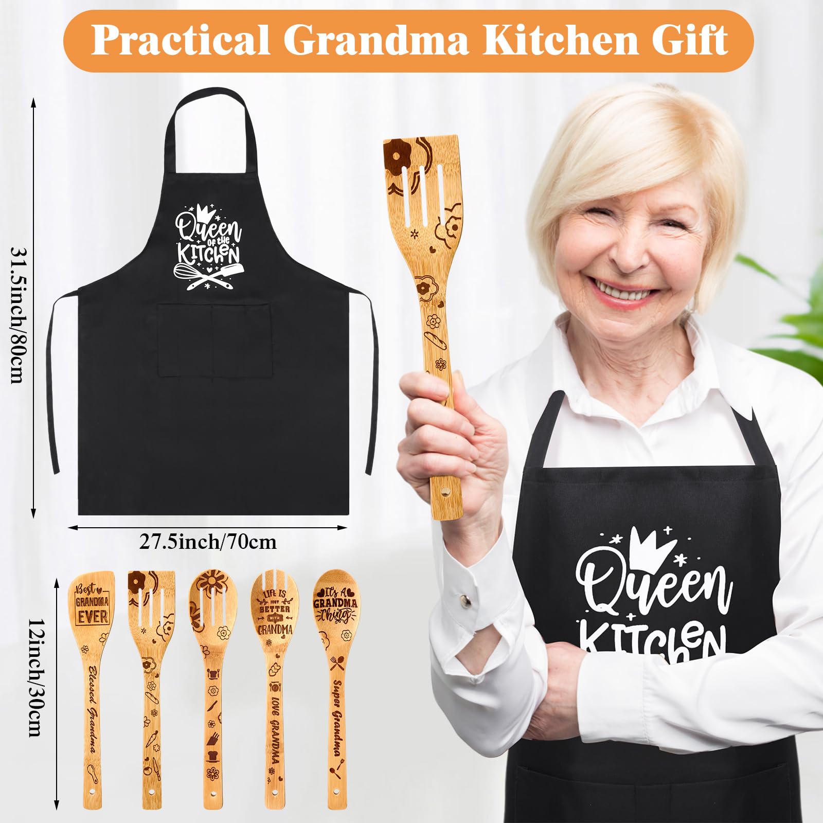 7-Piece Wooden Cookbook Stand & Kitchen Utensil Set - Adjustable Recipe Holder with Apron - Perfect Mother's Day, Birthday & Valentine's Gift for Grandma, Mom, Nana from Daughter or Granddaughter - Ideal for Cooking, Baking & Kitchen Organization