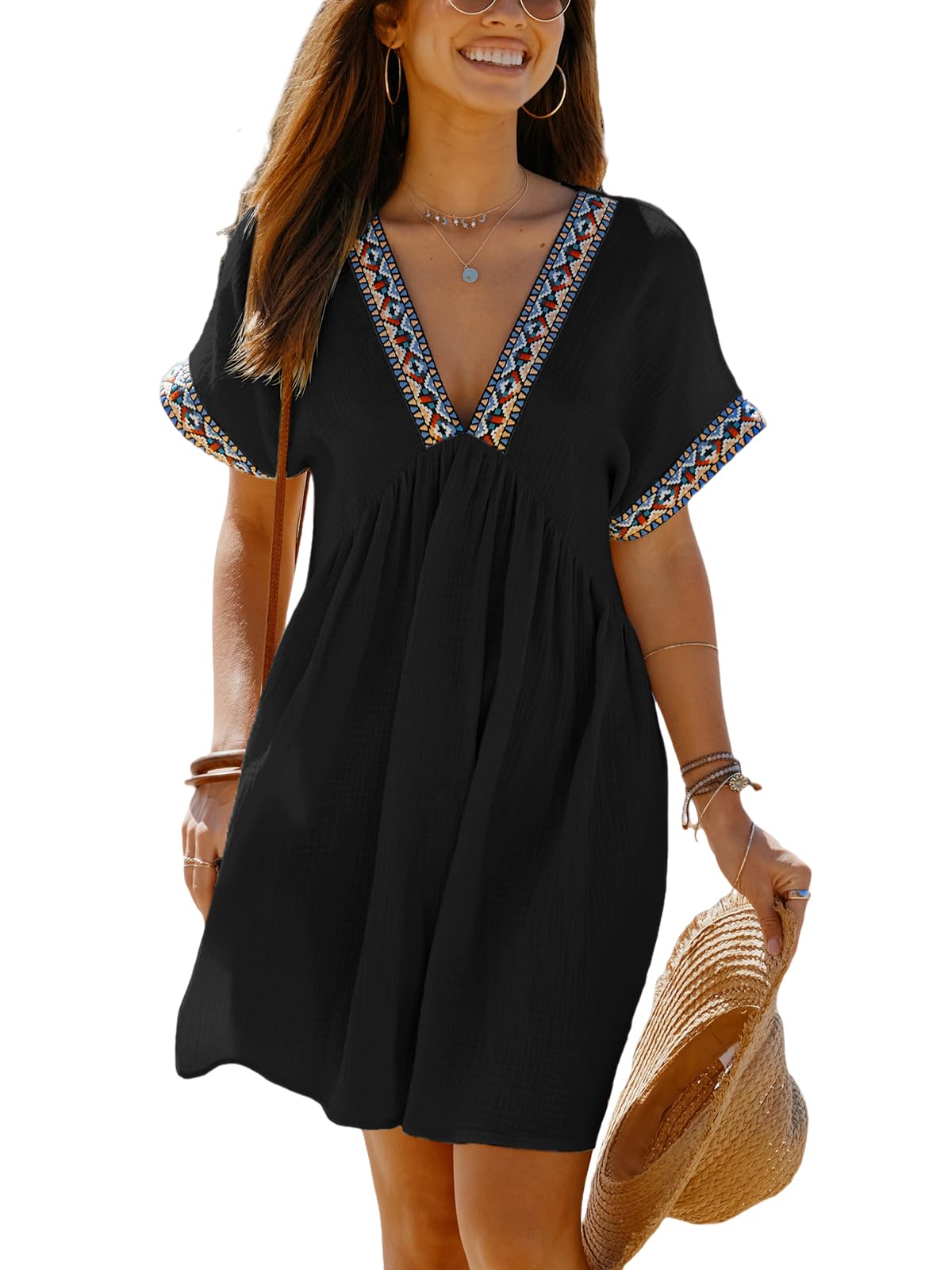 CUPSHE Women's Plunge V-Neck Beach Cover Up Dress - Maternity Summer Dress with Smocked Waist & Short Sleeves - Cotton Mini Casual Dress for Pool, Vacation & Pregnancy Photos