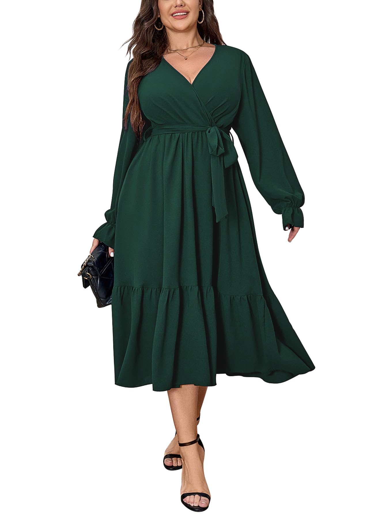 Elegant Plus Size Wedding Guest Dress for Women - Long Sleeve Wrap V-Neck Belted A-Line Maxi Dress with Ruffle Hem | Perfect for Cocktail Parties, Formal Events & Special Occasions