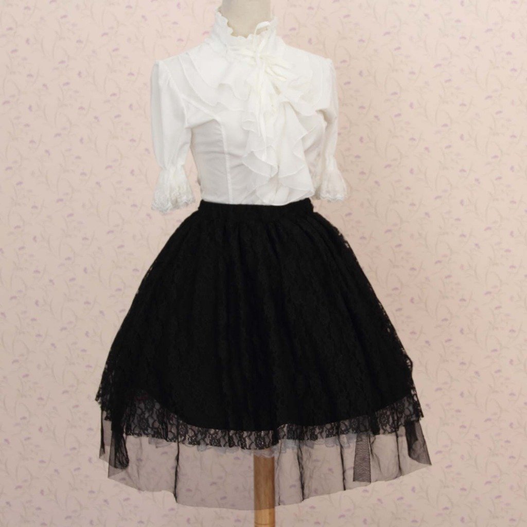 Hugme Black Polyester Lace Rose Lolita Skirt - Elegant Gothic Fashion for Cosplay, Tea Parties & Vintage Style Outfits