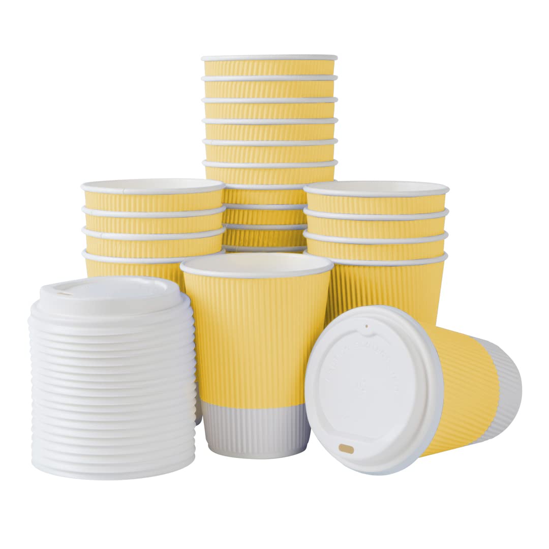 12oz Insulated Coffee Cups with Lids - 20 Pack Leakproof Ripple Wall Hot Paper Cups | Disposable for Tea, Hot Chocolate & Lattes | Perfect for Coffee Shops, Offices & Catering Events