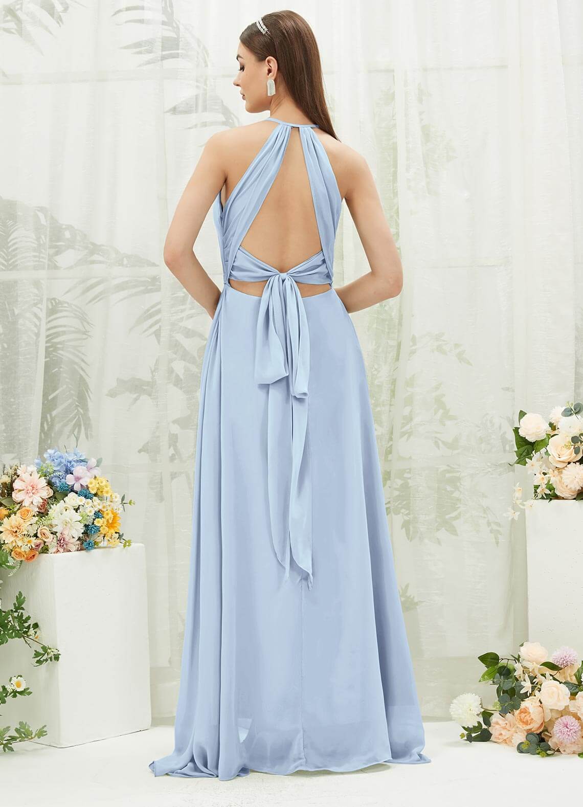 Cornflower Blue Chiffon Halter V-Neck Backless Maxi Bridesmaid Dress with High Slit - Elegant Formal Gown for Weddings, Prom & Evening Parties