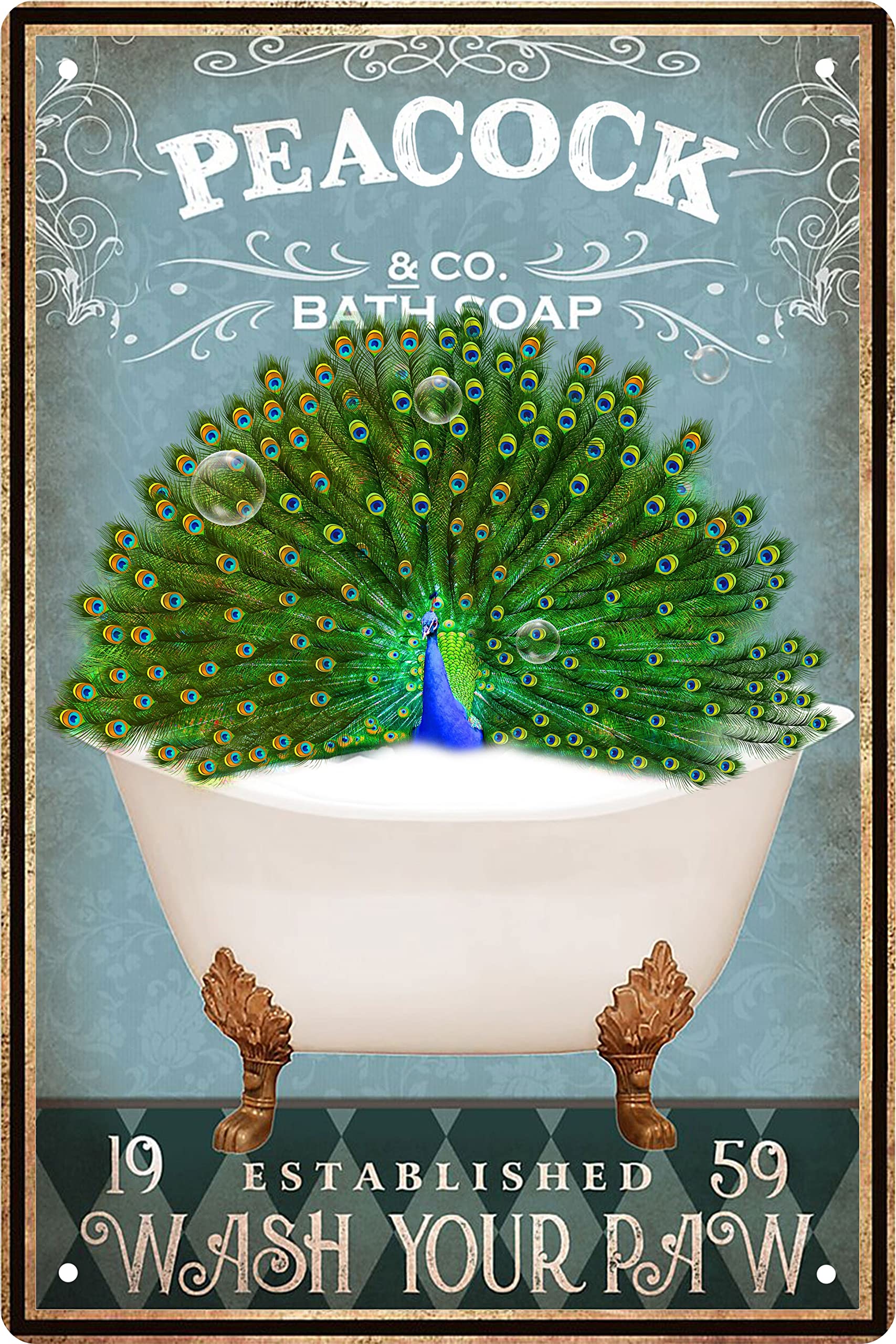 Vintage Peacock Metal Tin Sign - 8x12 Inch Retro Wall Art for Bathroom, Bathtub, Farmhouse, Bar & Man Cave - Funny Home Decor Gift for Pet & Animal Lovers (Bear Design) - Perfect for Rustic, Farmhouse or Retro Themed Spaces