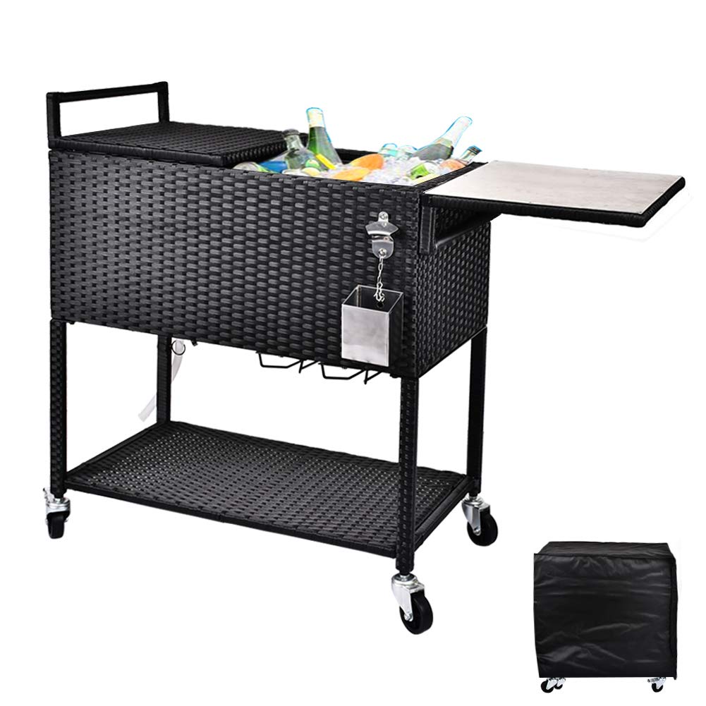RELAXIXI 80 Quart Rattan Rolling Cooler Cart - Portable Wicker Beverage Cooler with Ice Chest, Cutting Board, Bottle Opener & Cap Catch - Perfect for Patio, Pool Parties, Beach Picnics & Outdoor Gatherings (Dual Top - Black)