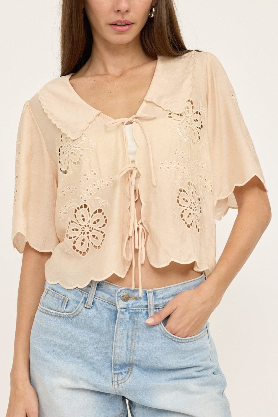 Floral Eyelet Blouse for Women - Breathable Summer Top with Lace Details | Perfect for Beach Outings, Date Nights & Office Wear
