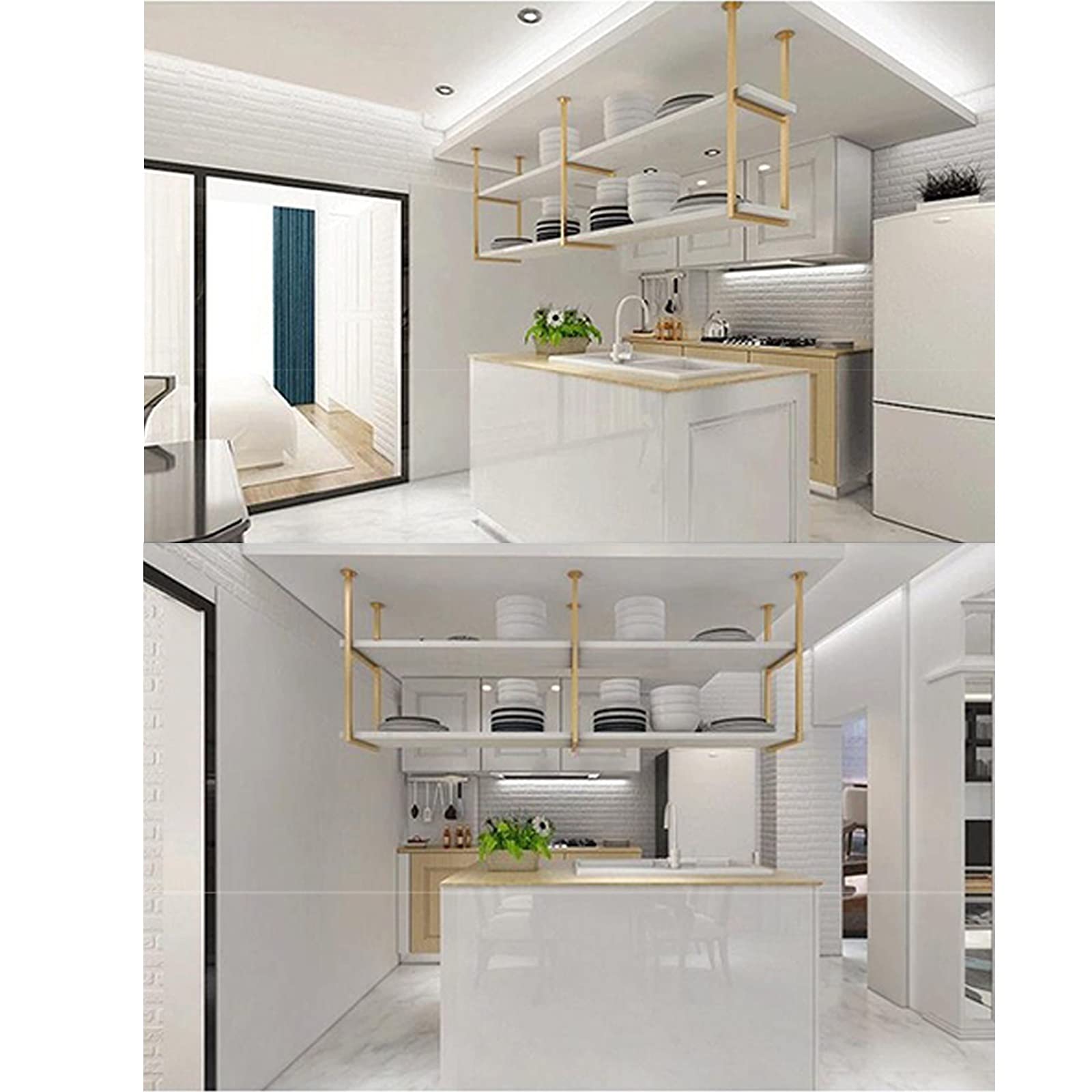 Gold Ceiling-Mounted Floating Shelf - 120x30x80cm (47x12x31 inch) Hanging Wine Rack, Bookcase & Plant Stand for Kitchen, Bedroom & Bar Decor - Space-Saving Wall Storage Solution