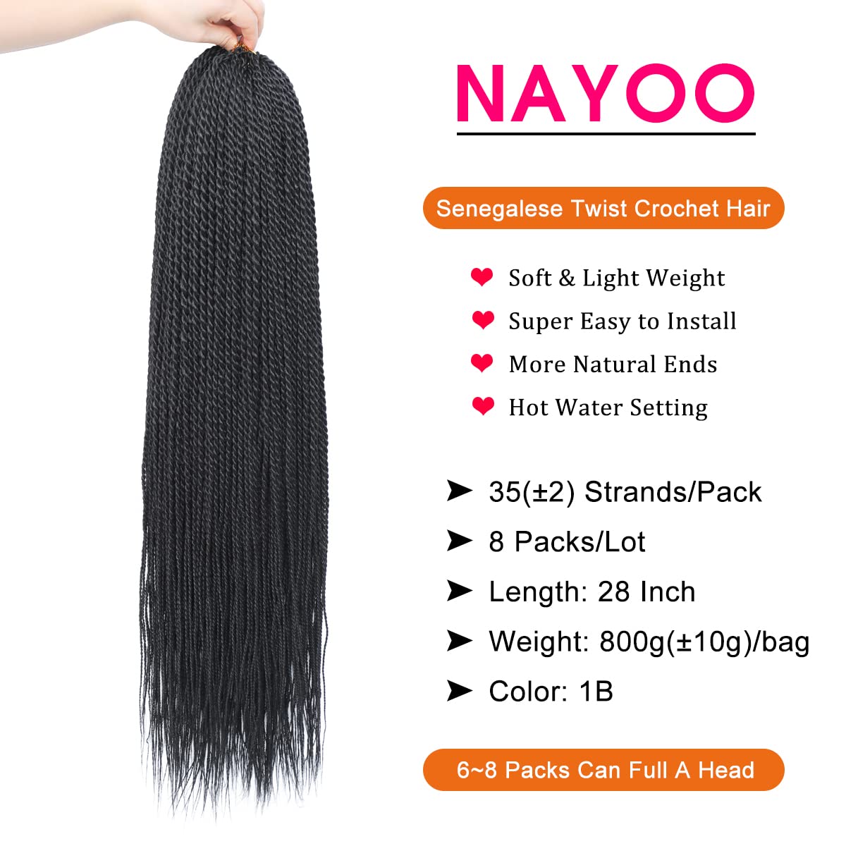NAYOO 28 Inch Long Crochet Hair Senegalese Twist - 8 Packs Black Crochet Braiding Hair for Women (35 Strands/Pack) - 1B Natural Black - Hot Water Setting Synthetic Hair Extensions for Protective Styles & Everyday Wear