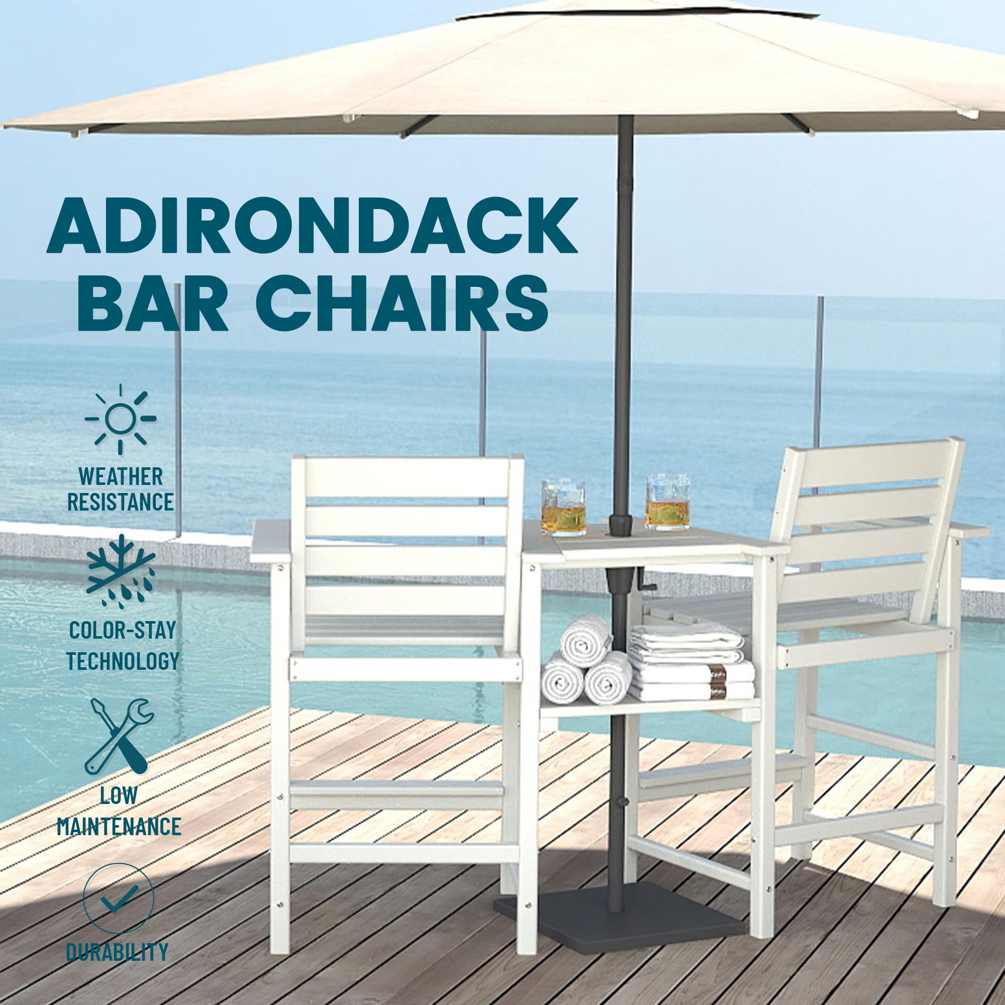 Premium HDPE Adirondack Bar Height Chairs Set of 2 - All-Weather Outdoor Bar Stools with Detachable Trays for Patio, Poolside, Bistro & Backyard Relaxation | White Tall Adirondack Chairs for Garden, Deck & Balcony Use
