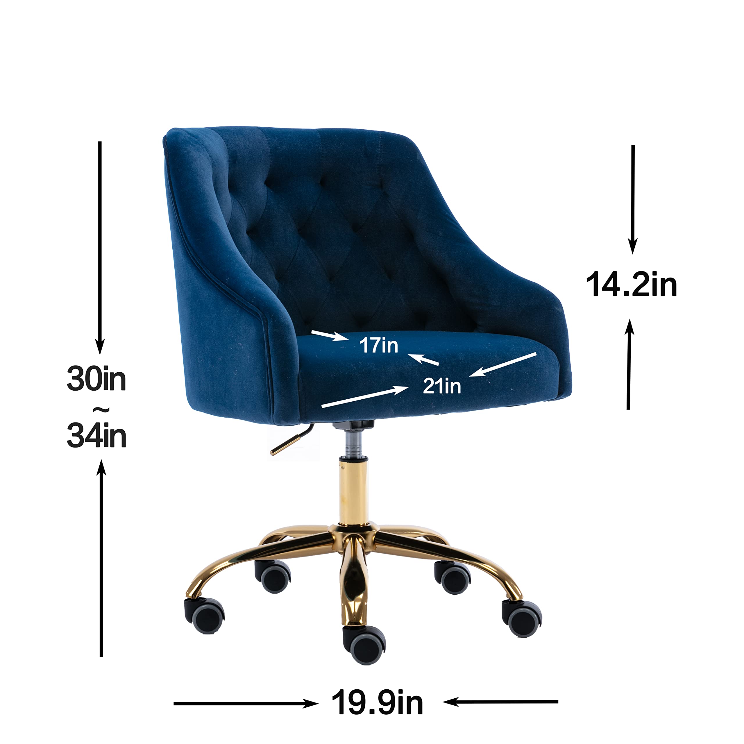 Ergonomic Modern Home Office Chair - Adjustable Swivel Desk Chair with Wheels, Velvet Upholstery for Living Room & Bedroom - Dark Blue (Perfect for Work from Home, Gaming & Makeup Vanity)