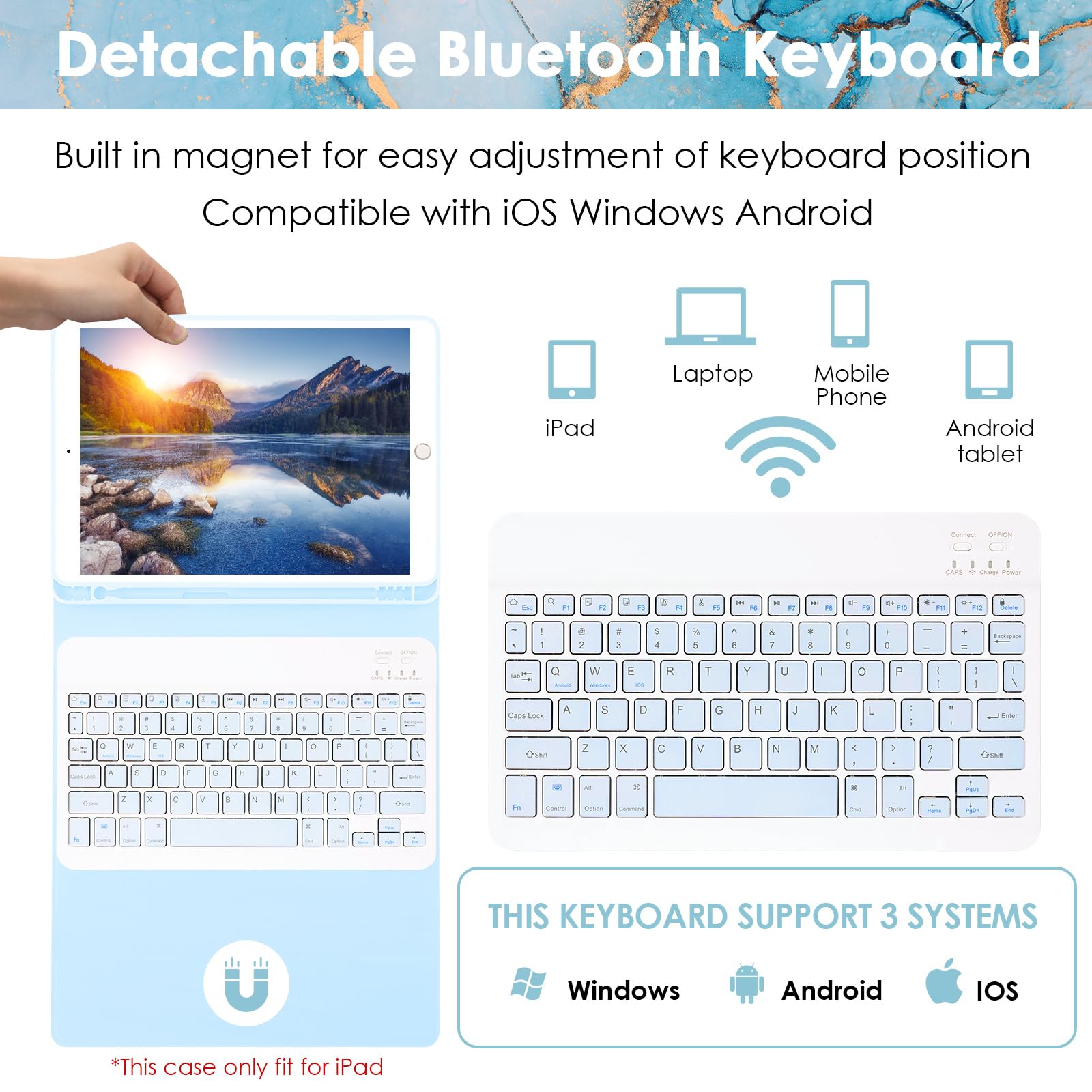 LAMA Wireless Keyboard Case for iPad 9.7 inch (6th/5th Gen iPad, iPad Pro & iPad Air 2/1) - Detachable Bluetooth Keyboard with Pencil Holder, Auto Sleep/Wake Function - Marble Blue | Perfect for Work, Study & Travel