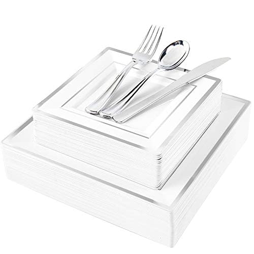 125-Piece Silver Plastic Dinnerware Set - Disposable Square Plates with Silver Rim & Cutlery (25 Dinner Plates, 25 Salad Plates, 25 Forks, 25 Knives, 25 Spoons) - Perfect for Parties, Weddings, and Catering Events