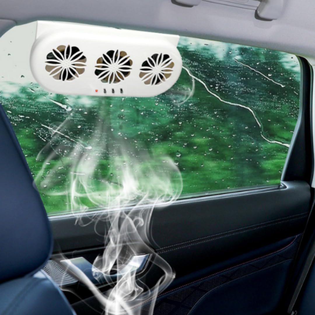 2024 Upgraded Solar Car Ventilation Fan - 3 Air Outlet Solar Powered Window Exhaust Fan for Most Vehicle Models (White) | Keep Your Car Cool & Fresh During Parking & Road Trips