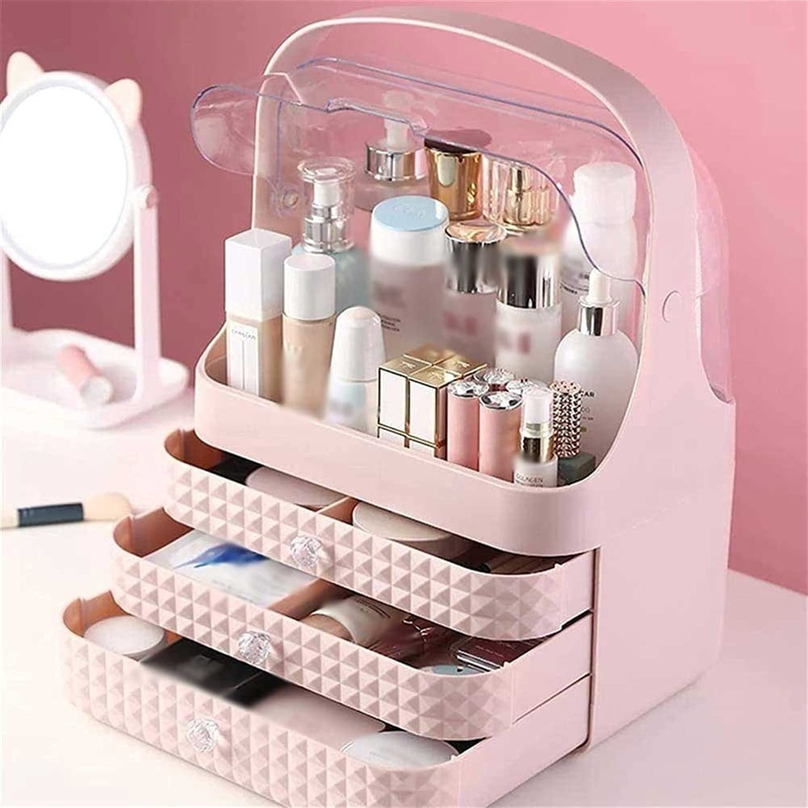 Portable Makeup Organizer with Dust-Free Cover & Waterproof Lid - High Capacity Cosmetic Storage Box with Handle, Dust-Proof Drawers - Perfect for Bathroom Countertop, Bedroom Dresser & Travel Use