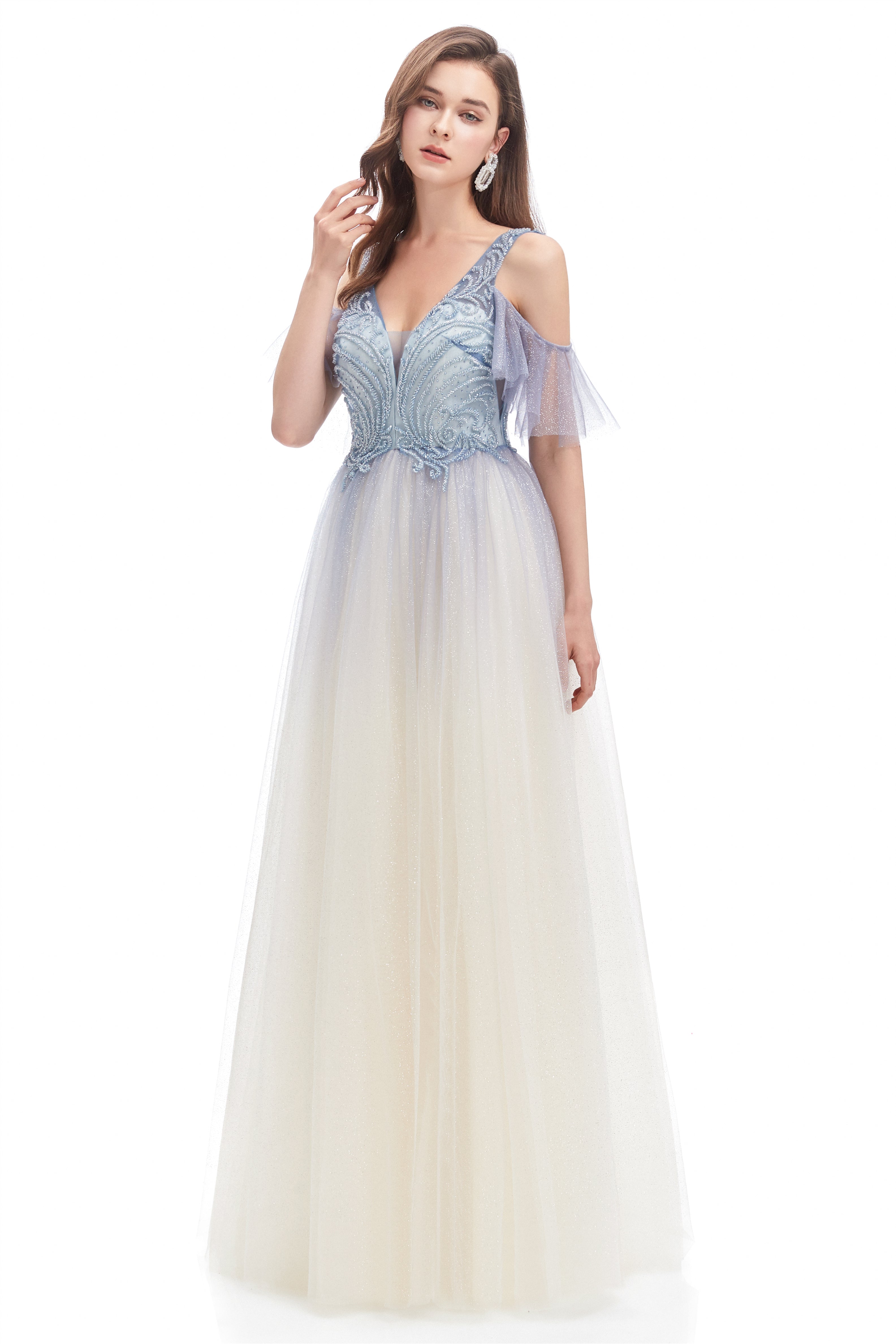 Elegant A-Line V-Neck Sequined Floor-Length Off-the-Shoulder Beaded Applique Open Back Prom Dress for Homecoming, Evening Gala & Special Occasions