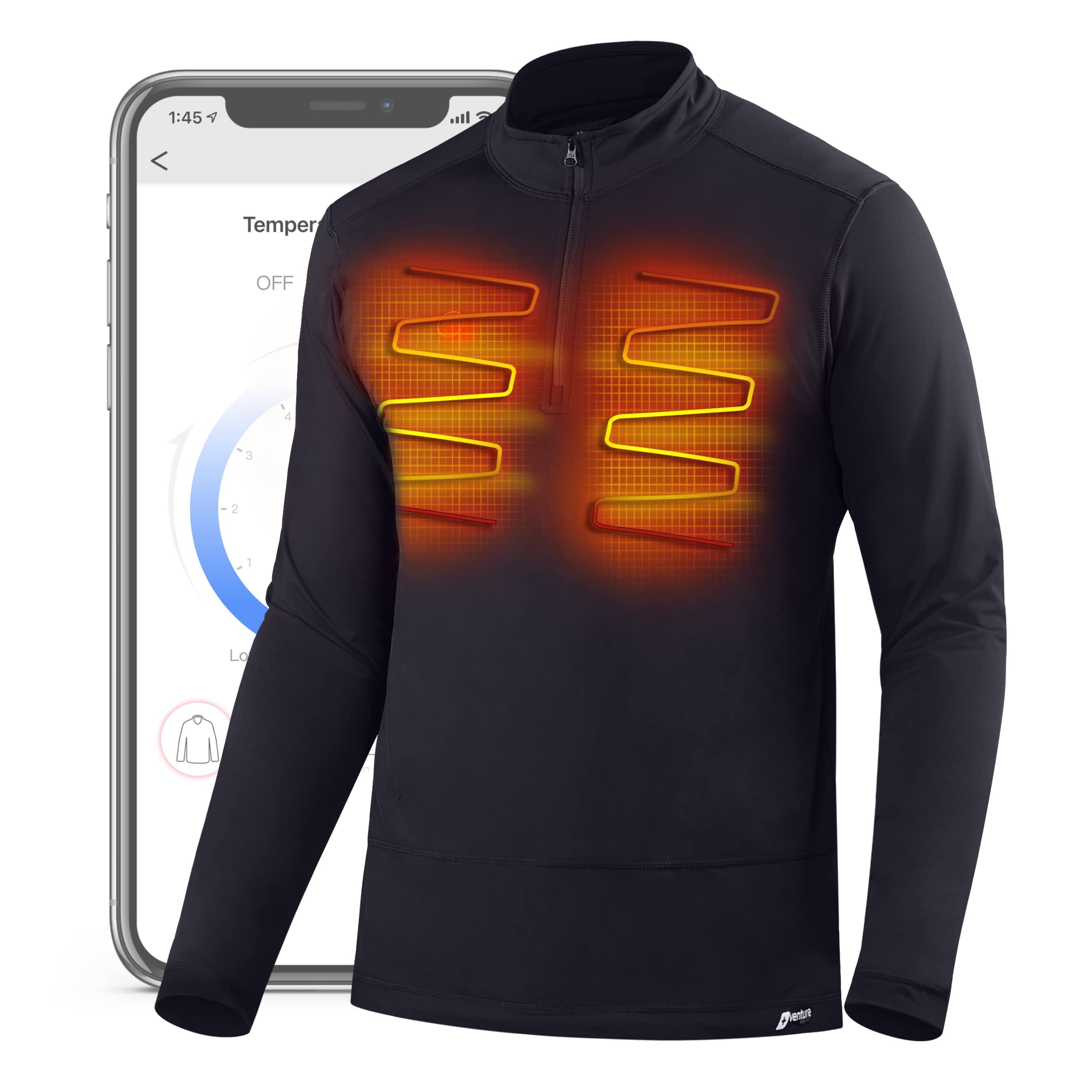 Venture Heat Men's Bluetooth Heated Shirt with Rechargeable Battery - 13W USB Heated Thermal Midlayer Top for Winter Sports, Hiking & Outdoor Activities