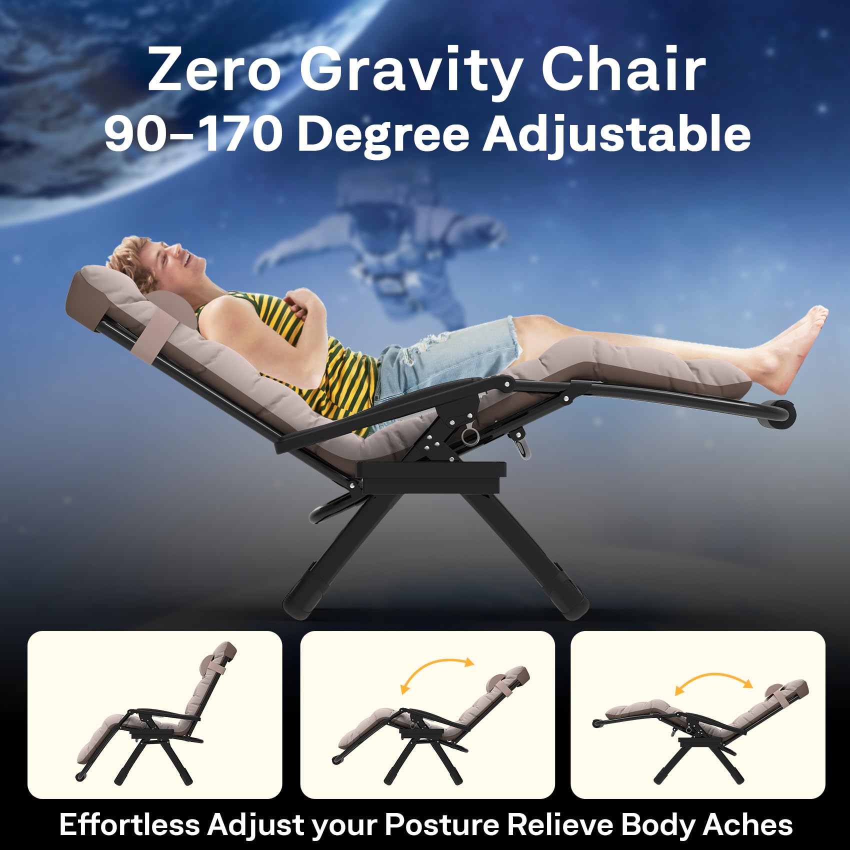 Slendor Oversized Zero Gravity Chair XXL - 33In Padded Reclining Lounge Chair with Headrest & Cup Holder, Heavy Duty 500lbs Capacity, Aluminum Alloy Lock, Foldable Patio Furniture for Outdoor Relaxation - Perfect for Backyard, Poolside, Camping & Beach (Beige)