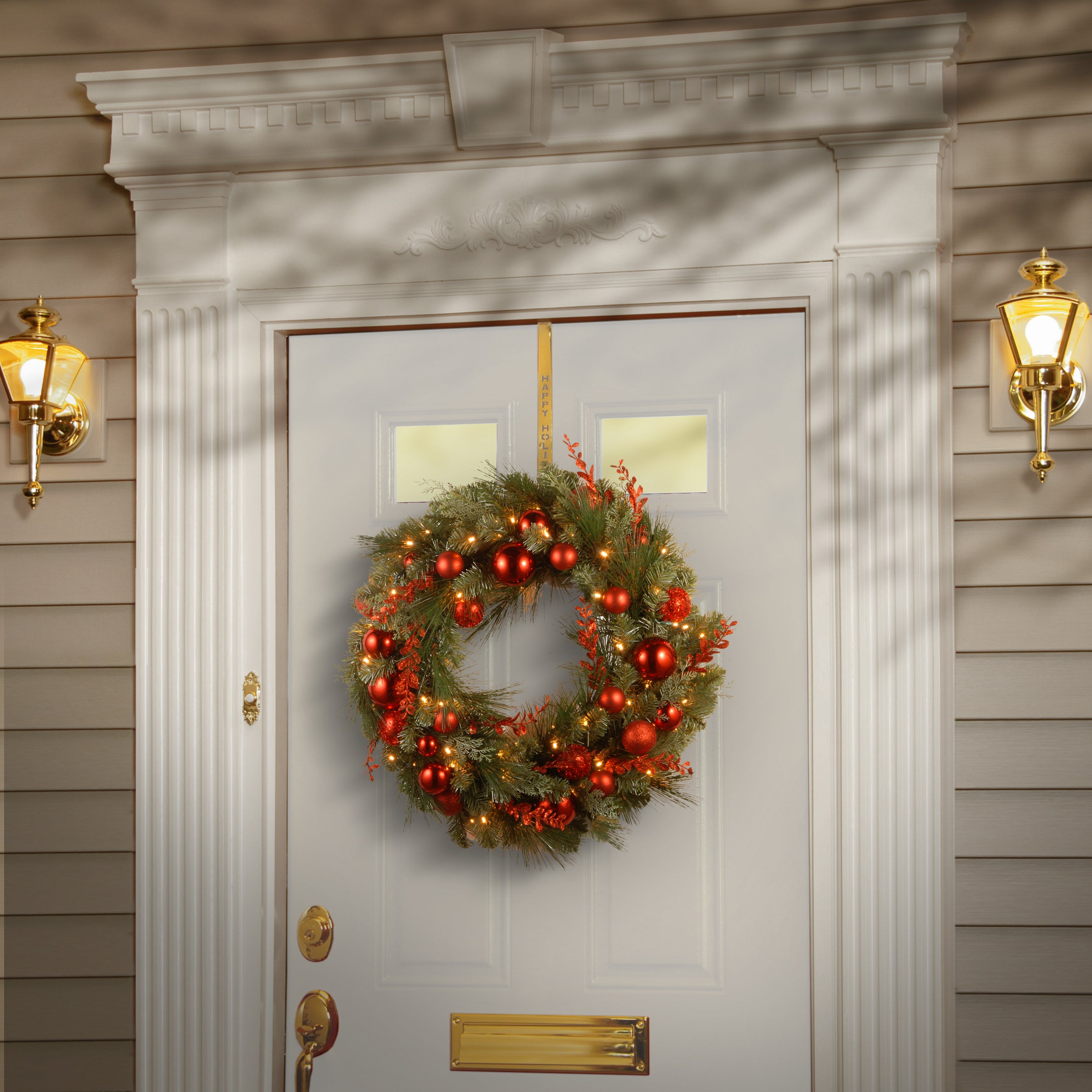 24 Inch Pre-Lit Red Mixed Wreath with Warm White LED Lights - Christmas Door Decor, Holiday Home Decoration, Festive Indoor Outdoor Decor