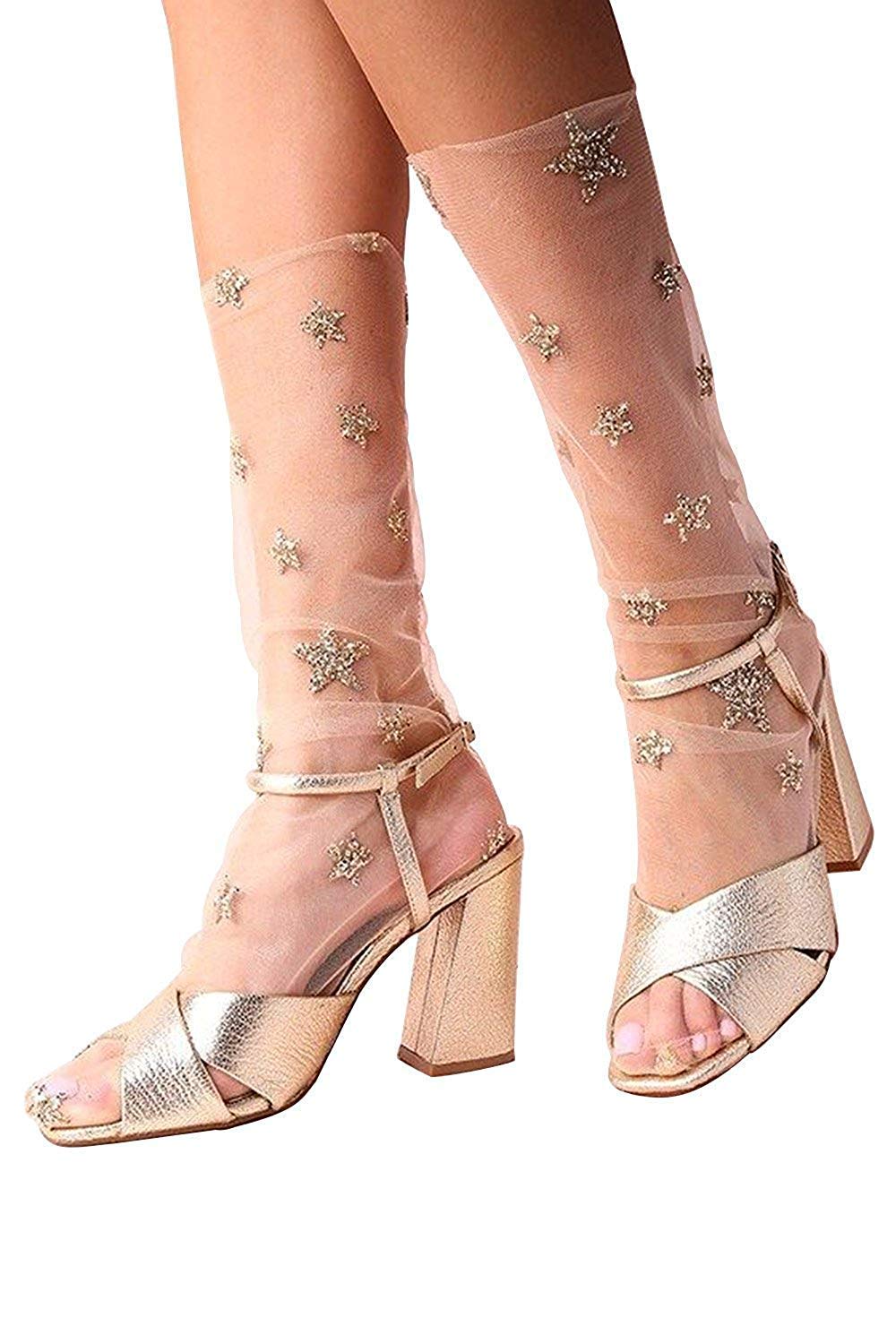 Ulalaza 4 Pairs Women's Glitter Lace Ankle Socks - Star Pattern Sheer Dress Socks for Women & Girls | Perfect for Parties, Weddings & Everyday Fashion