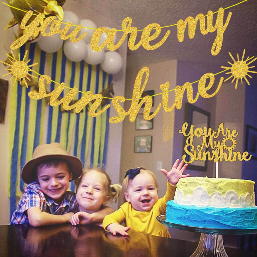 Gold Glitter You Are My Sunshine Banner & Cake Topper Set - 1st Birthday Party Decorations for Boys, Baby Shower, Sunflower Theme - Perfect for Outdoor Celebrations & Photo Backdrops