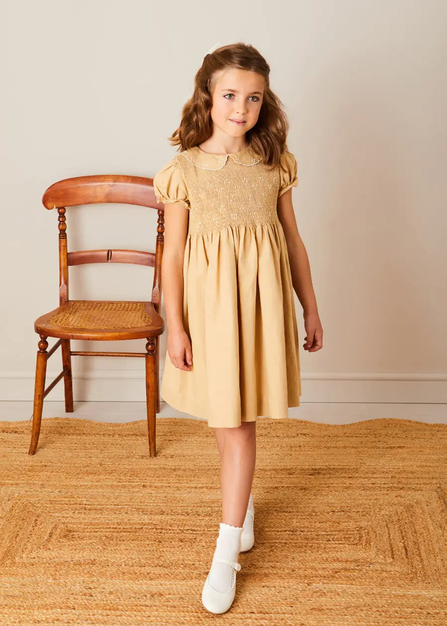 Hand Smocked Peter Pan Collar Short Sleeve Dress for Girls in Beige (12 Months - 10 Years) | Perfect for Birthday Parties, Easter, and Special Occasions