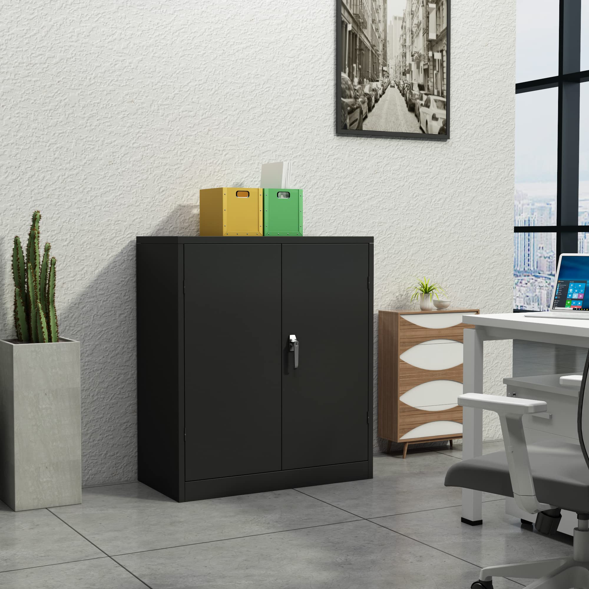 Lockable Metal Office File Cabinet with 2 Adjustable Shelves - Black Garage Storage Cabinet with Locking Door - Small Tool Cabinet (41.6''H×36''W×18''D) - Perfect for Home Office, Garage Organization & Secure Document Storage - Assembly Required