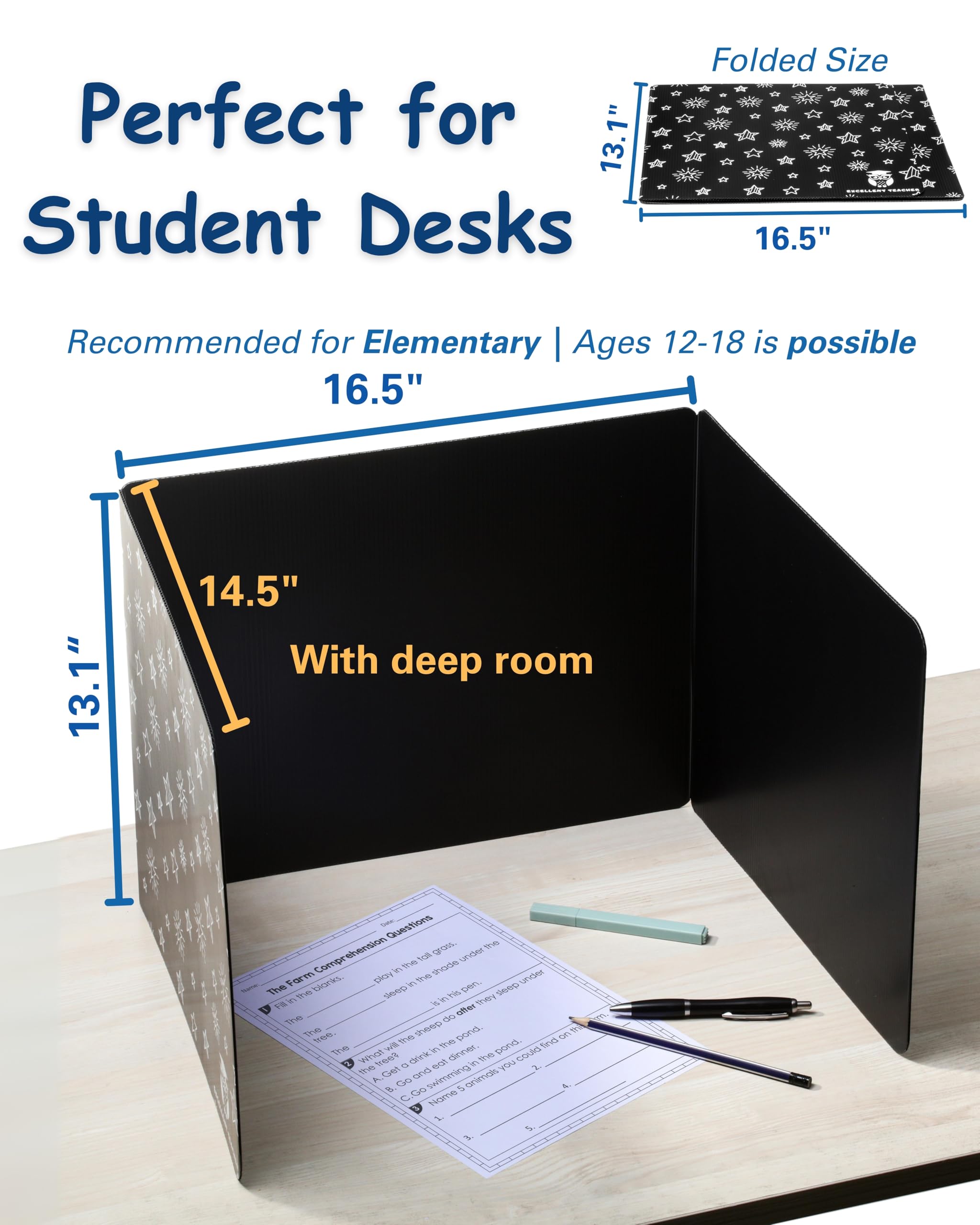 25 Black Plastic Privacy Folders for Students - Durable Desk Dividers for Classroom & Testing