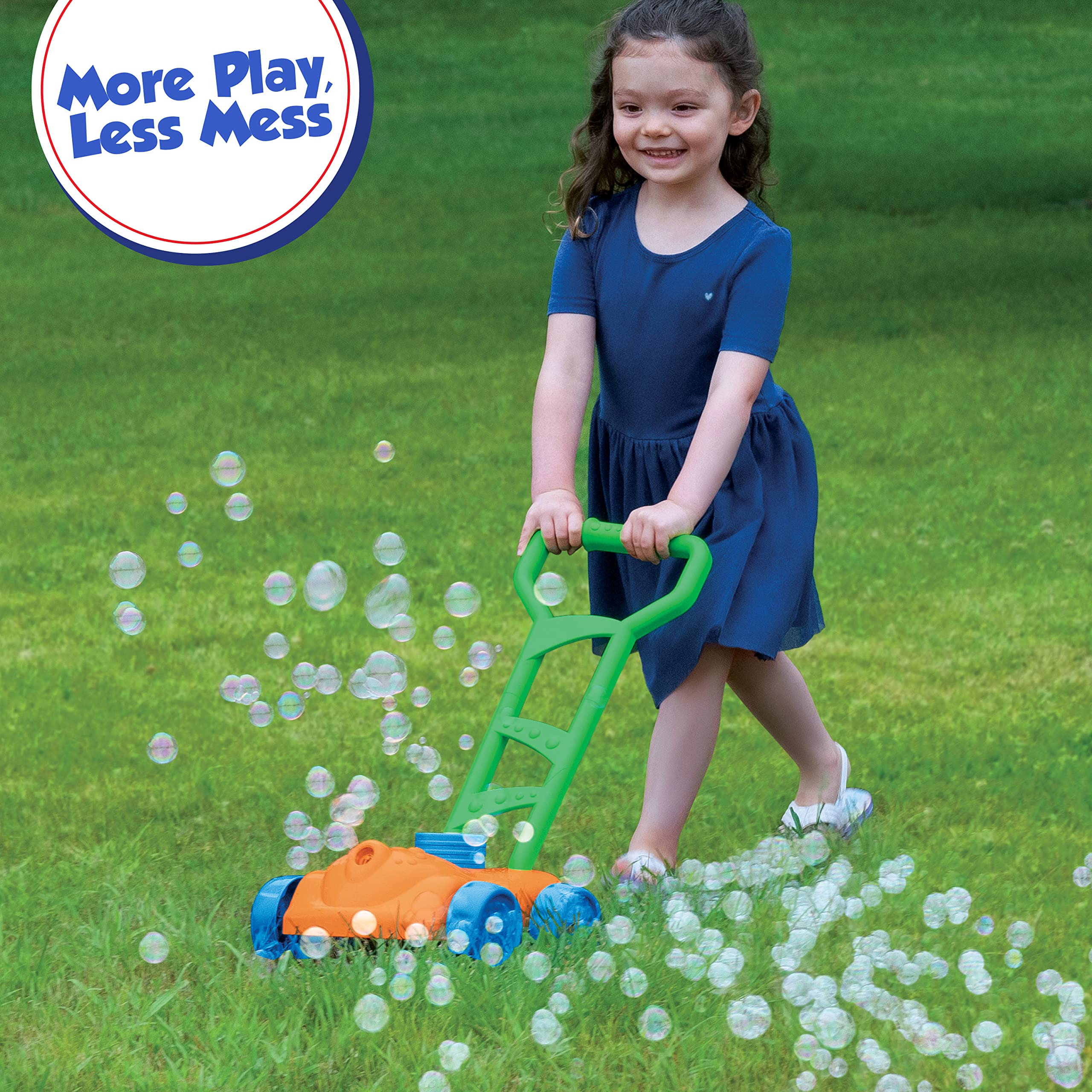 Fubbles No Spill Bubble Lawn Mower for Toddlers - Automatic Bubble Blower Machine with 4oz Non-Toxic Refill Solution - Outdoor Bubble Toy for Kids (Orange) - Perfect for Backyard Play, Birthday Parties & Summer Fun