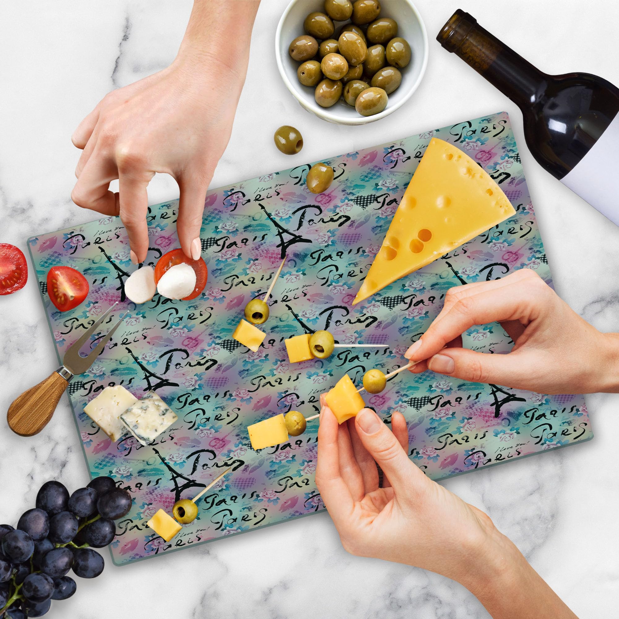 Ambesonne Paris Themed Tempered Glass Cutting Board - French Floral Rose Checkered Hearts Design, Large Decorative Serving Board in Pale Sea Green - Perfect for Kitchen Prep, Charcuterie Display & Romantic Dinner Serving