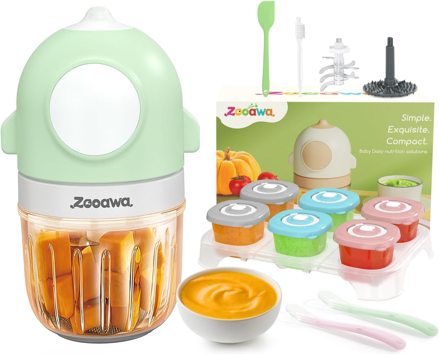 Zooawa 13-in-1 Baby Food Maker & Blender with Silicone Spoon & Storage Containers - Puree Maker for Fruits, Vegetables, Meat - Essential Baby Food Processor Gift Set (Pea Green) - Perfect for Homemade Baby Food Prep & On-the-Go Feeding