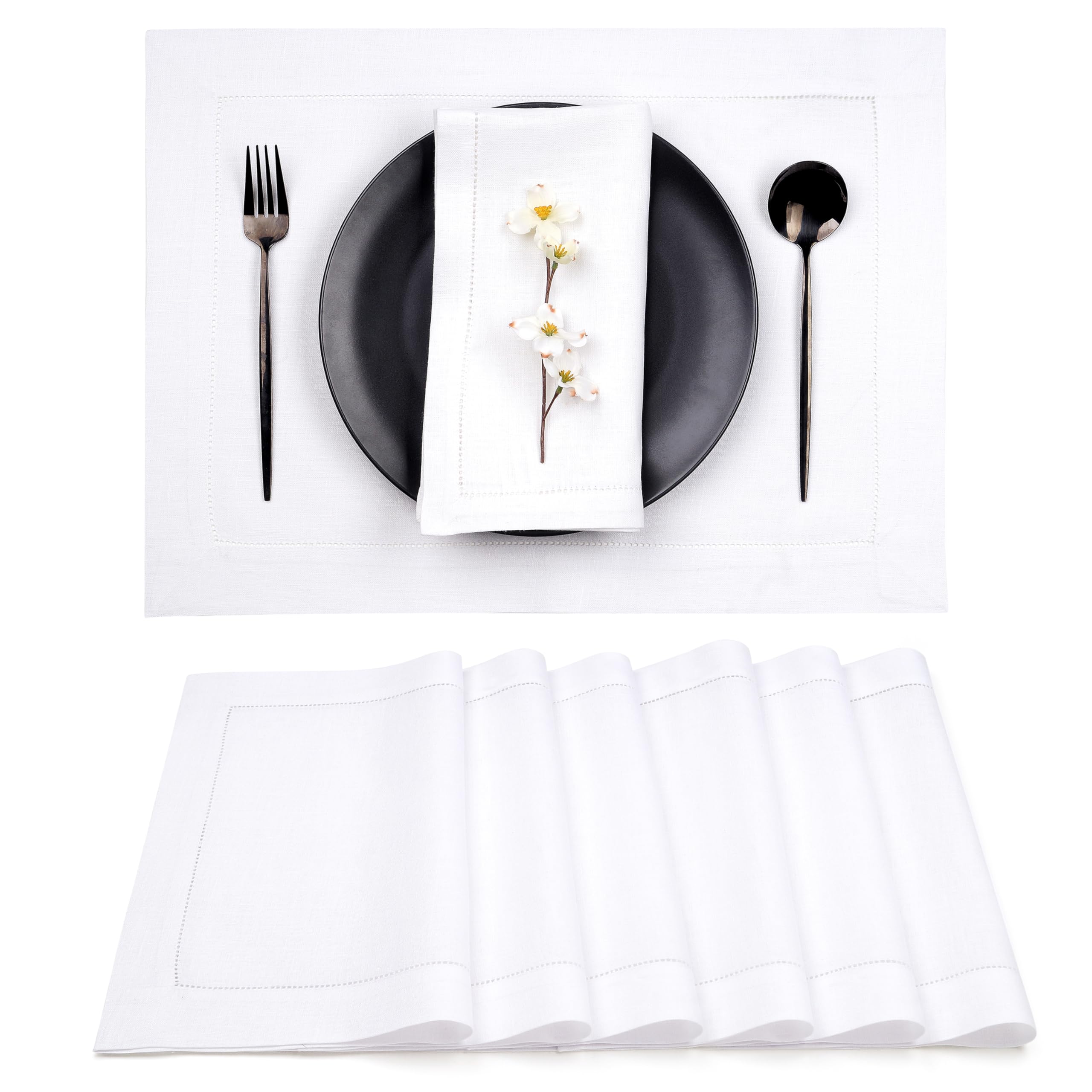 D'Moksha Homes 100% Pure Linen Placemats Set of 6 - 14x19 Inch White Table Mats with Classic Hemstitch Design, Washable & Durable for Easter, Thanksgiving, Christmas Dinner & Daily Dining Decor
