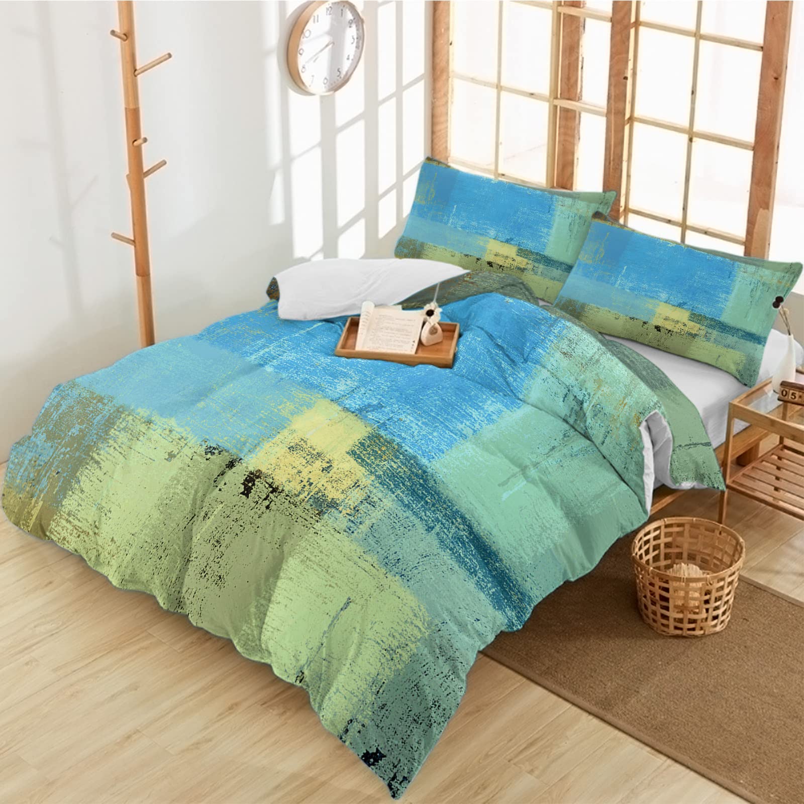 Queener Home 3-Piece Full Bedding Duvet Cover Set - Abstract Teal Blue Geometric Oil Painting Design, Soft Luxury Printed Comforter Cover with 2 Pillow Shams - Perfect for Modern Bedroom Decor & Guest Room Styling