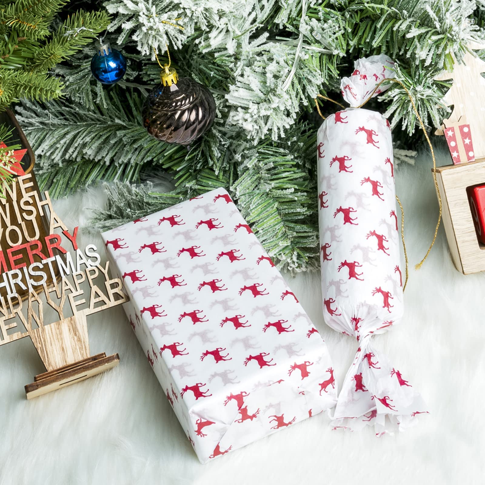 Premium Christmas Wrapping Tissue Paper - 25 Sheets Red Holiday Deer Design - 19.6