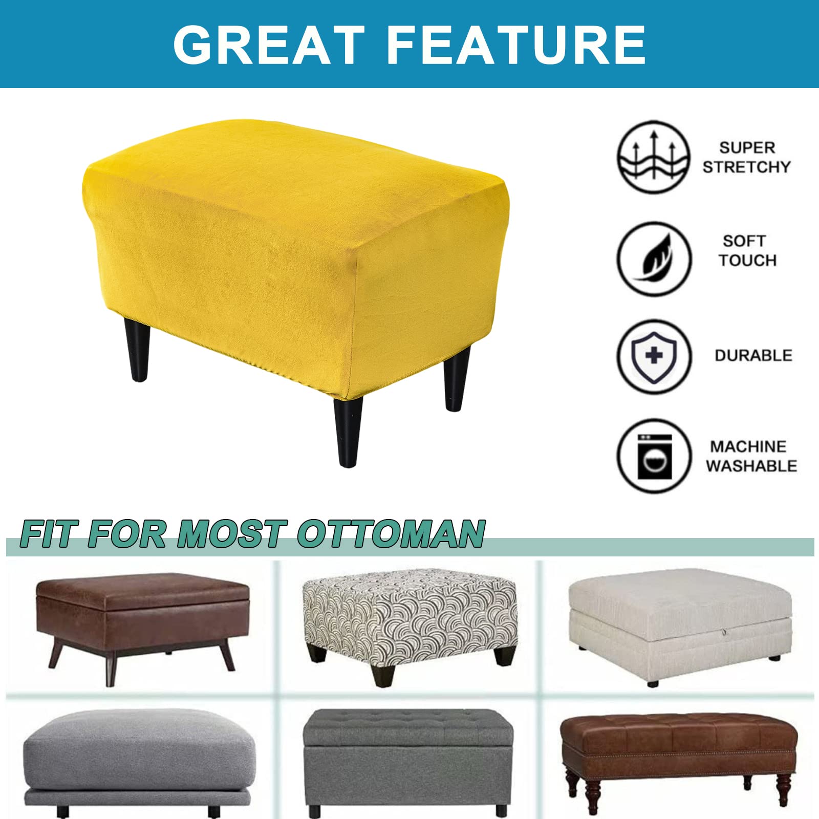 CRFATOP X-Large Velvet Ottoman Chair Cover - Stretchable Rectangle Storage Stool Slipcover with Elastic Bottom for Footrest, Sofa & Furniture Protection (13