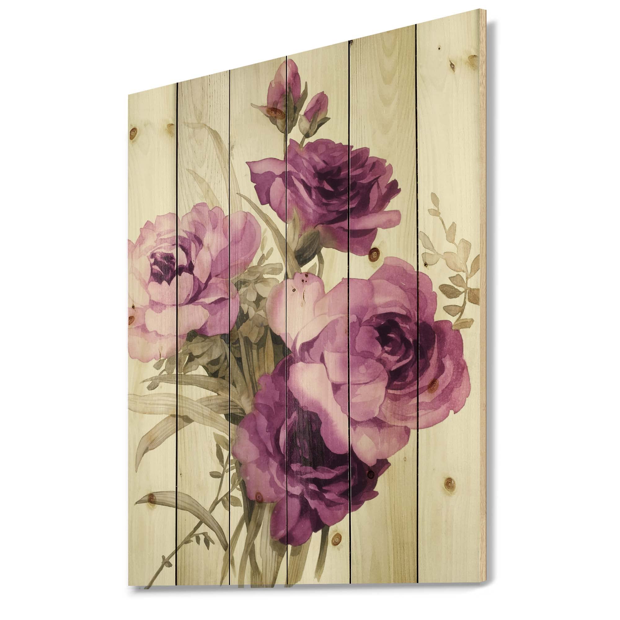 DesignQ Dark Pink Roses Traditional Wood Wall Decor - Purple Floral Wood Wall Art Panel, Large Pine Wood Wall Hanging for Living Room, Bedroom & Home Decor