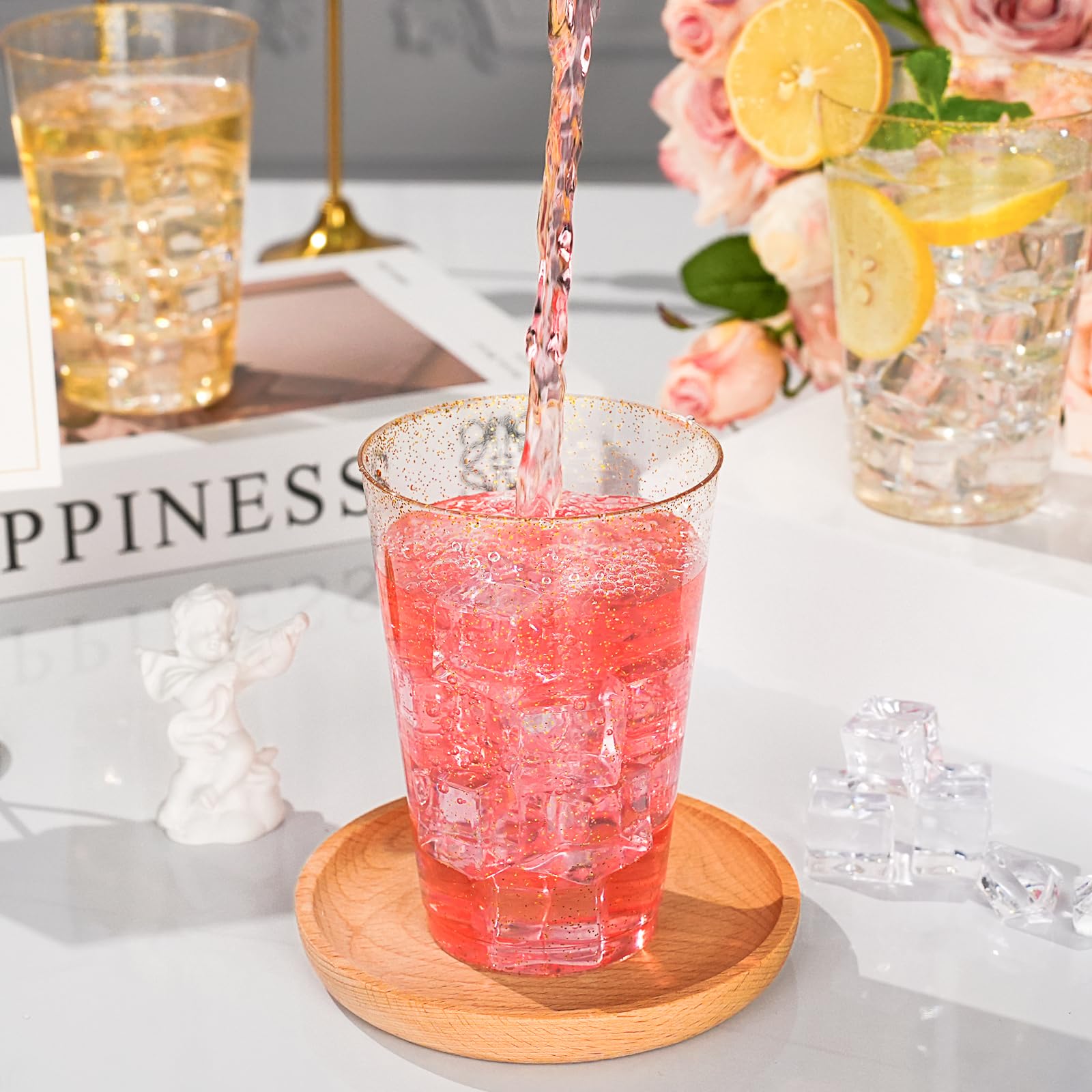 Goodluck 14 oz 200-Pack Gold Glitter Plastic Cups - Disposable Sparkling Party Cups for Cocktails, Weddings, Birthdays & Holidays - Elegant Drinkware for Celebrations & Special Events