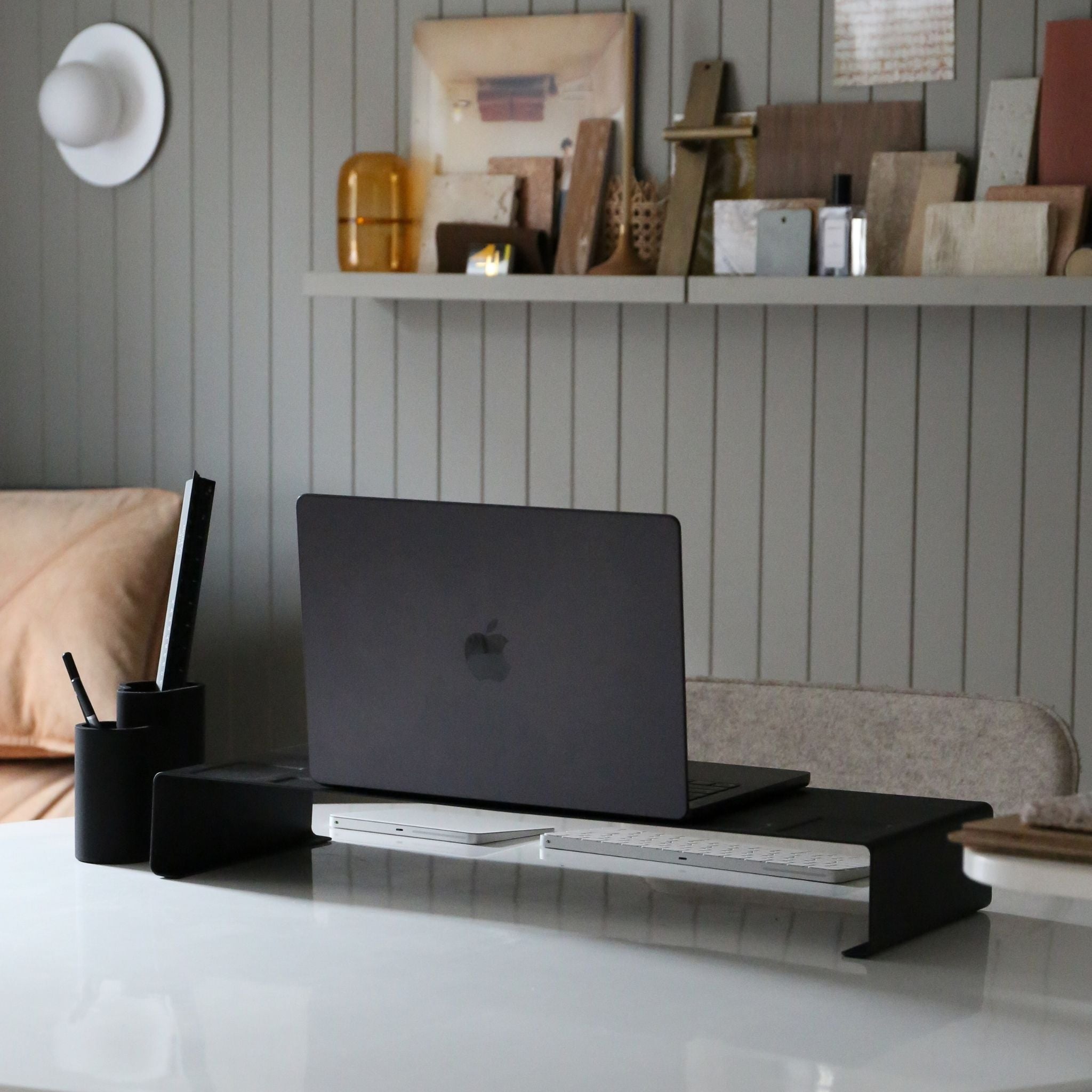 YAMAZAKI Black Monitor Stand Riser with Storage Shelf - Ergonomic Computer Desk Organizer for Home Office, Gaming Setup, and Workspace Efficiency
