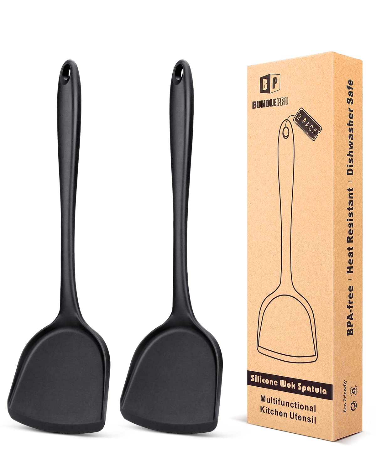 2-Pack Silicone Wok Spatula Set - Non-Stick, Heat Resistant to 450°F, Dishwasher Safe Cooking Utensils for Stir-Fry, Sauteing, Baking - Seamless Design & Easy Clean (Black) - Perfect for Asian Cuisine & Everyday Cooking