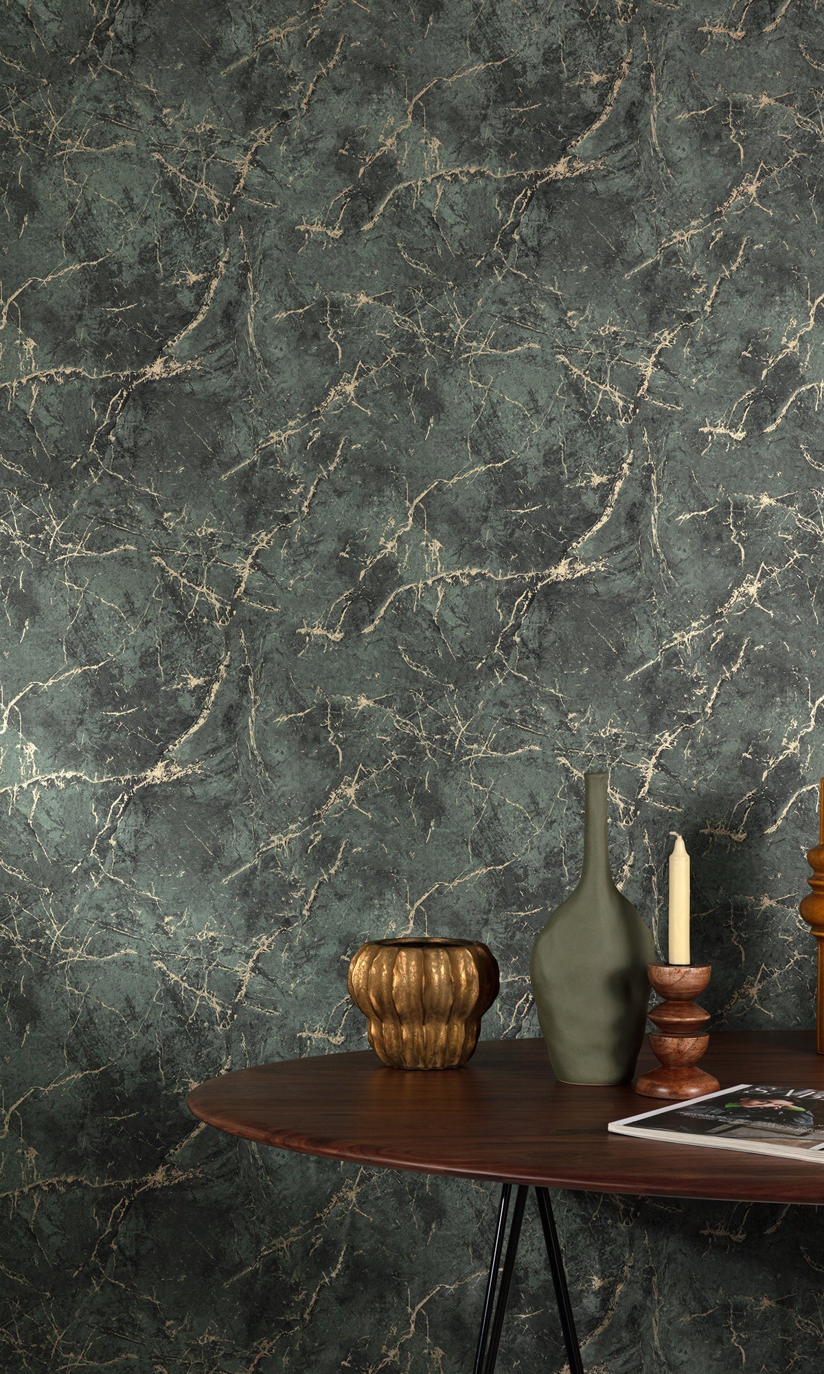 Dark Hunter Green Cracked Marble Wallpaper R9812 - Peel and Stick Removable Wallpaper for Living Room, Bedroom, Kitchen Decor