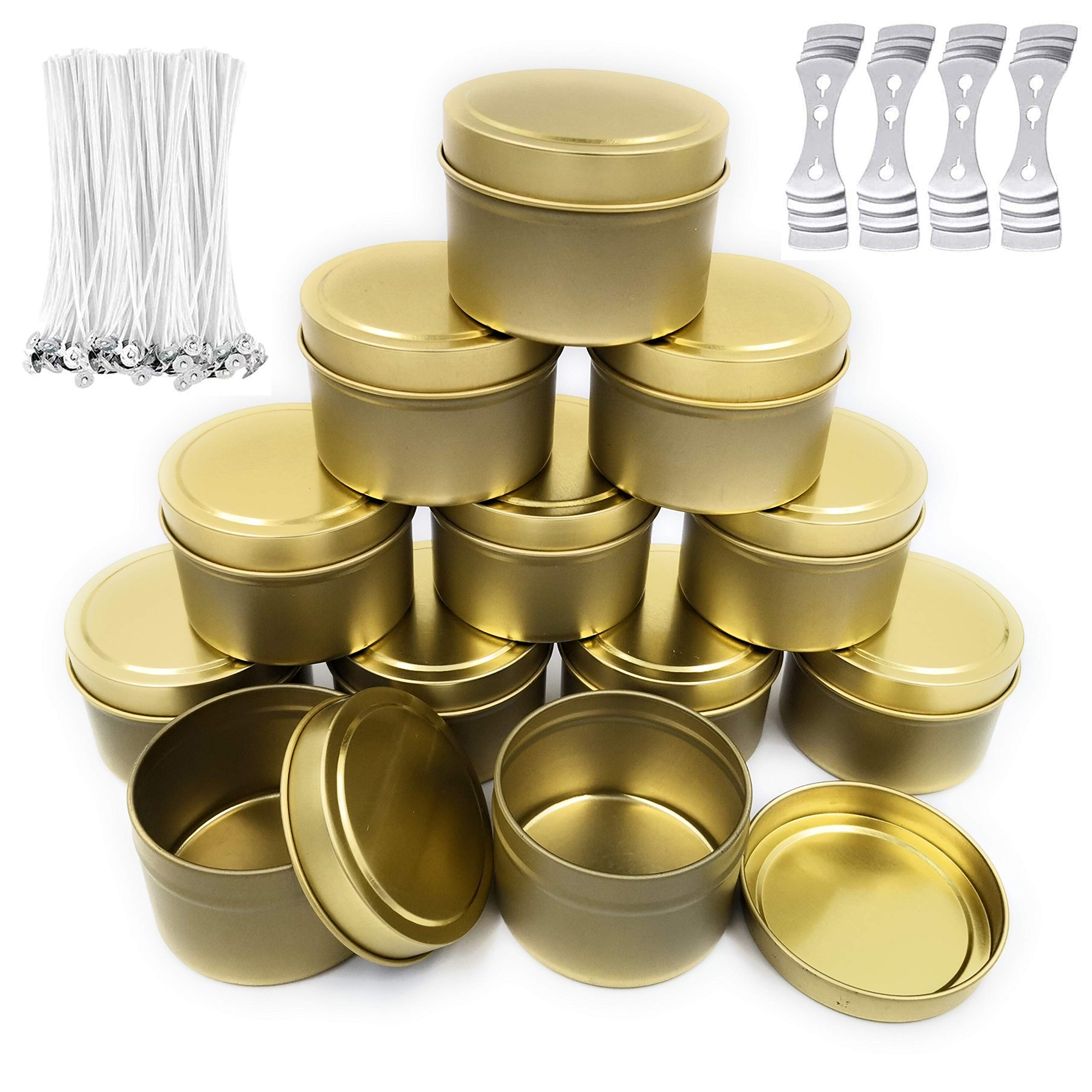 NRANSON 12-Pack 5 Oz Gold Candle Tins with Lids - Candle Making Kit Includes 50 Cotton Wicks, 40 Wick Stickers, 4 Wick Holders - DIY Candle Containers for Soy Wax, Beeswax - Perfect for Home Decor, Gifts, Aromatherapy & Craft Projects
