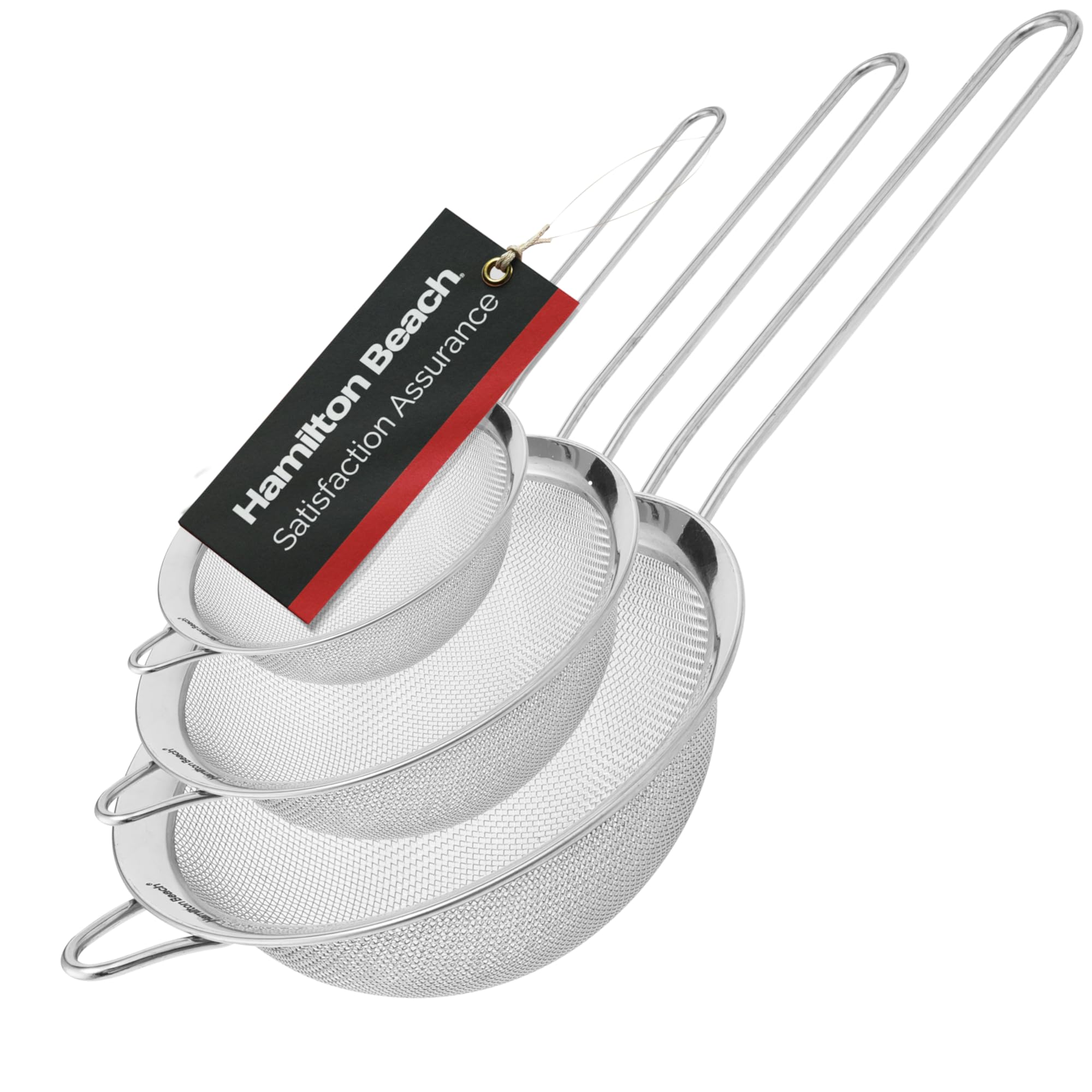 Hamilton Beach Fine Mesh Strainer Set of 3 - Stainless Steel Kitchen Sieves for Baking, Pasta, Rice & Flour - Long Handle Food Strainer & Tea Sifter - Ideal for Cooking, Meal Prep & Healthy Eating
