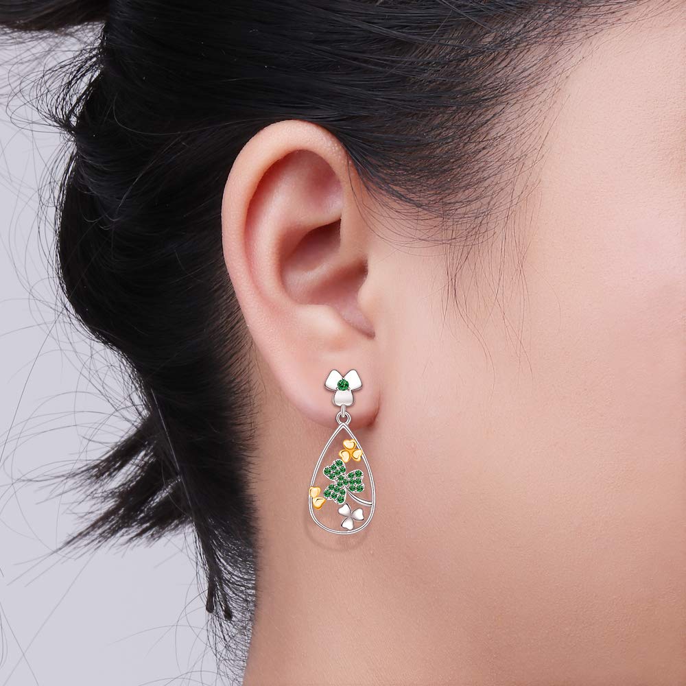St. Patrick's Day Shamrock Earrings for Women - Sterling Silver Four Leaf Clover Dangle Earrings, Irish Lucky Green Clover Jewelry Gift for Her - Perfect for St. Patrick's Day Parties, Irish Weddings & Everyday Luck