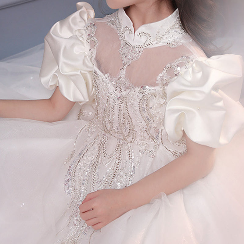 Baby Girl Wedding Birthday Pageant Dress - Lace Stand Collar Princess Gown with Mesh Skirt for Special Occasions & Photo Shoots