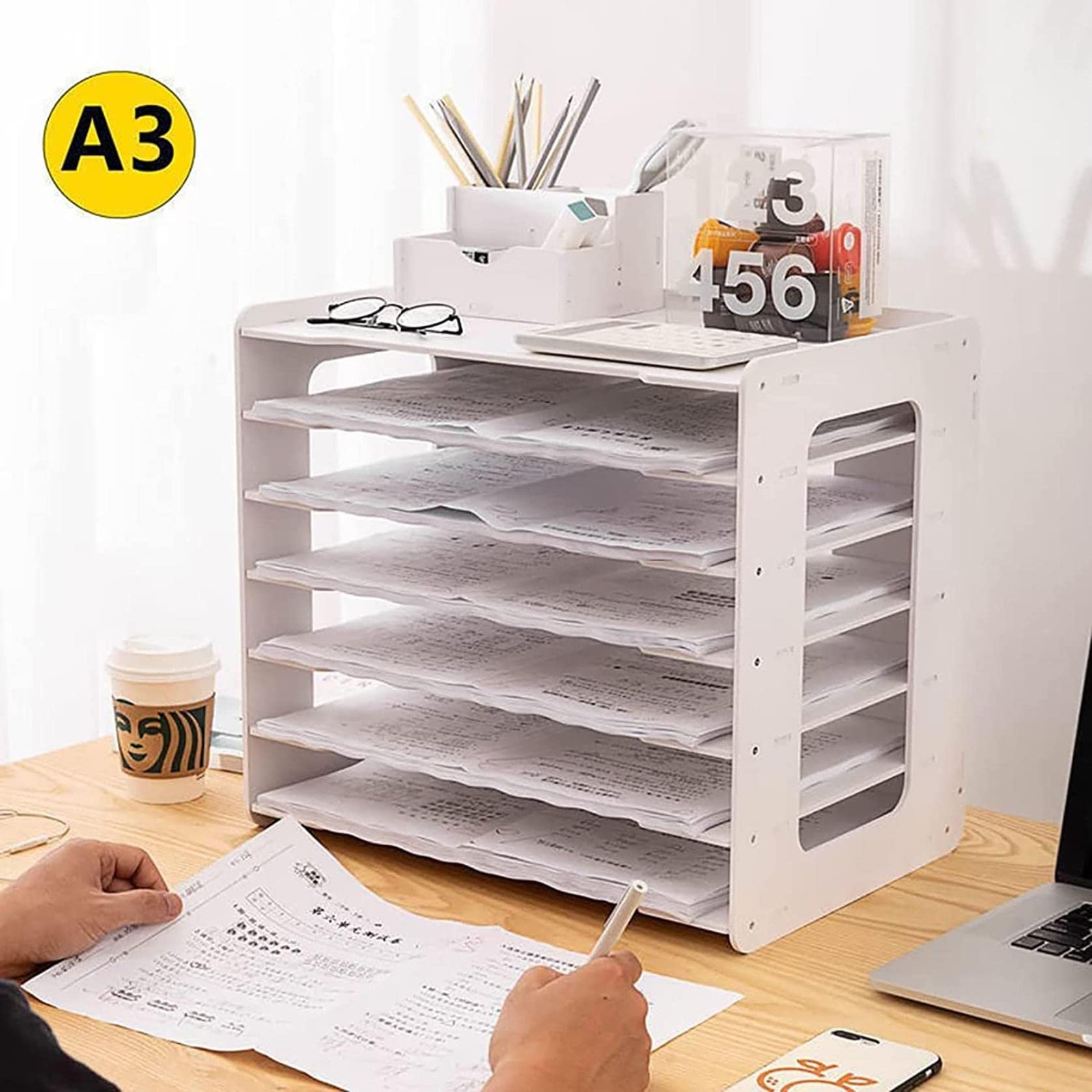 Extra Large A3 Paper Storage Unit - White Desk Folder Shelf for Office & School - Organize Files, Magazines & Stationery - Perfect for Desks, Classrooms & Home Offices