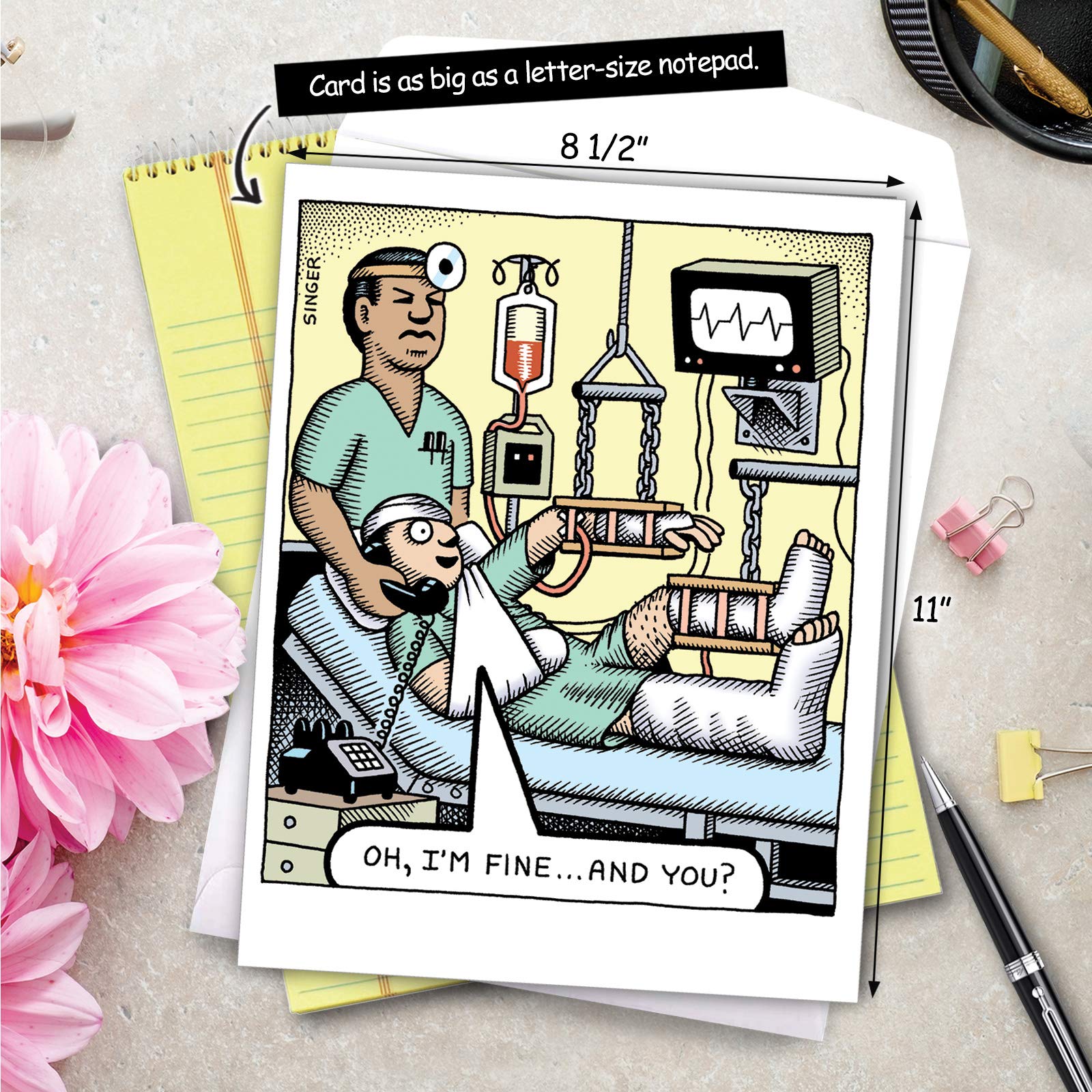 Jumbo Funny Get Well Soon Greeting Card - 8.5 x 11 Inch Humorous Cartoon Feel Better Card - I'm Fine J2592GWG - Perfect for Hospital Visits, Recovery Gifts & Cheering Up Loved Ones