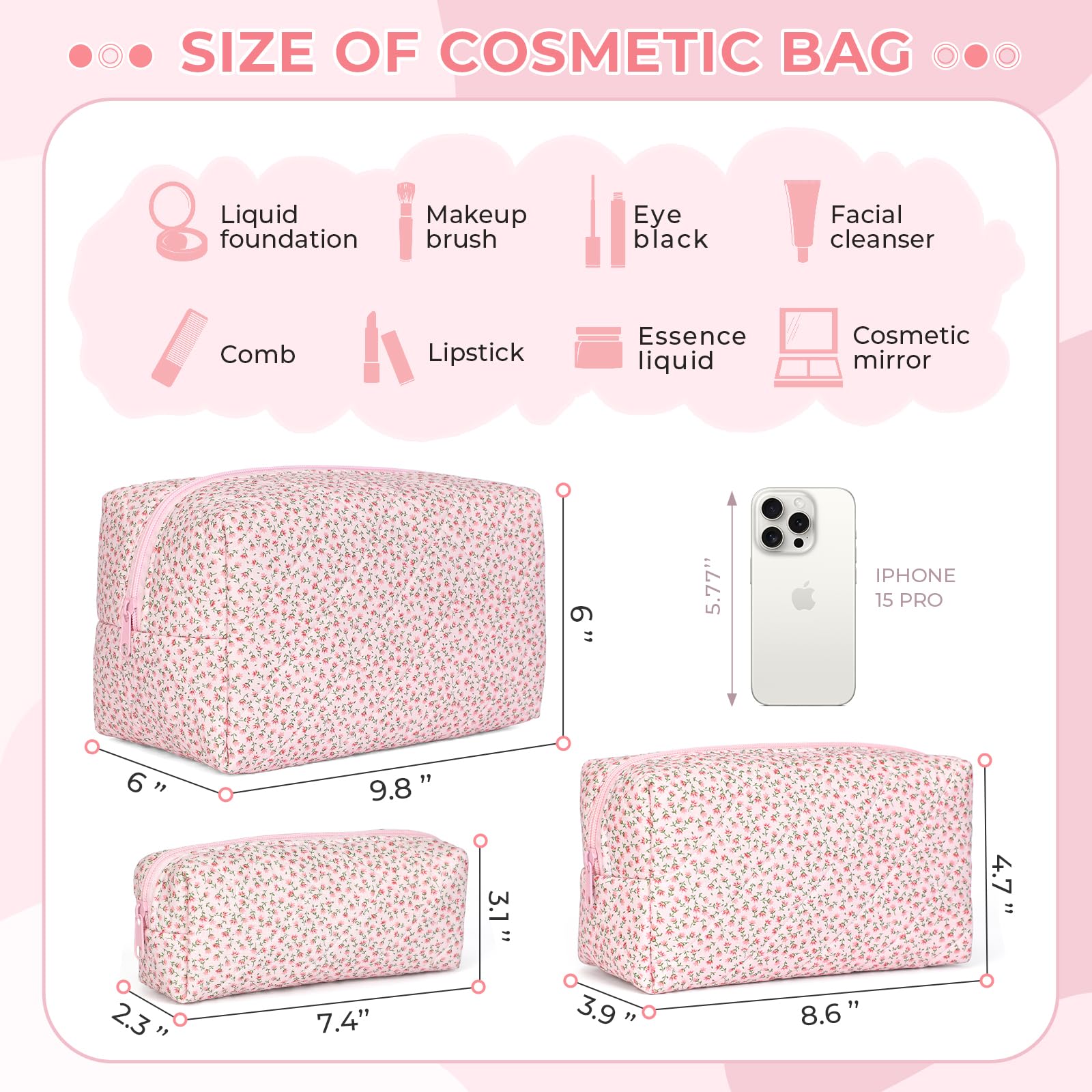 Quilted Makeup Bag Set for Women - Large Floral Cosmetic Pouch, Cute Cotton Brushes Storage & Travel Toiletry Organizer (Pink Floral) - Perfect for Travel, Home & Gift Giving