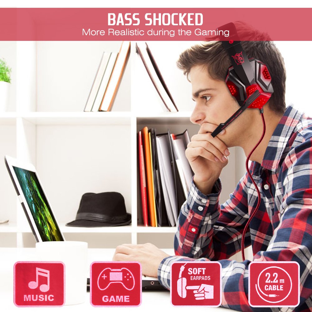 DLAND 3.5mm Wired Gaming Headset with Microphone & LED Lights for PC, Laptop, PS4, Xbox One - Noise Isolation, Volume Control (Black/Red) - Perfect for Gaming, Streaming & Online Meetings