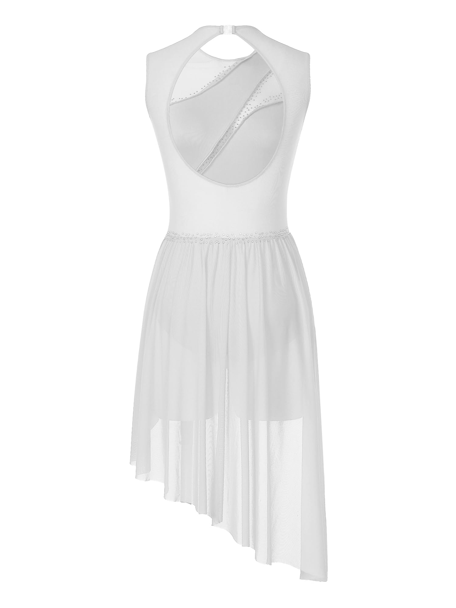 iiniim Women's Shiny Rhinestone Sheer Mesh Ice Skating Dress - Elegant Keyhole Back Lyrical Dance Costume for Performances, Competitions, Stage Shows, Recitals, and Gymnastics