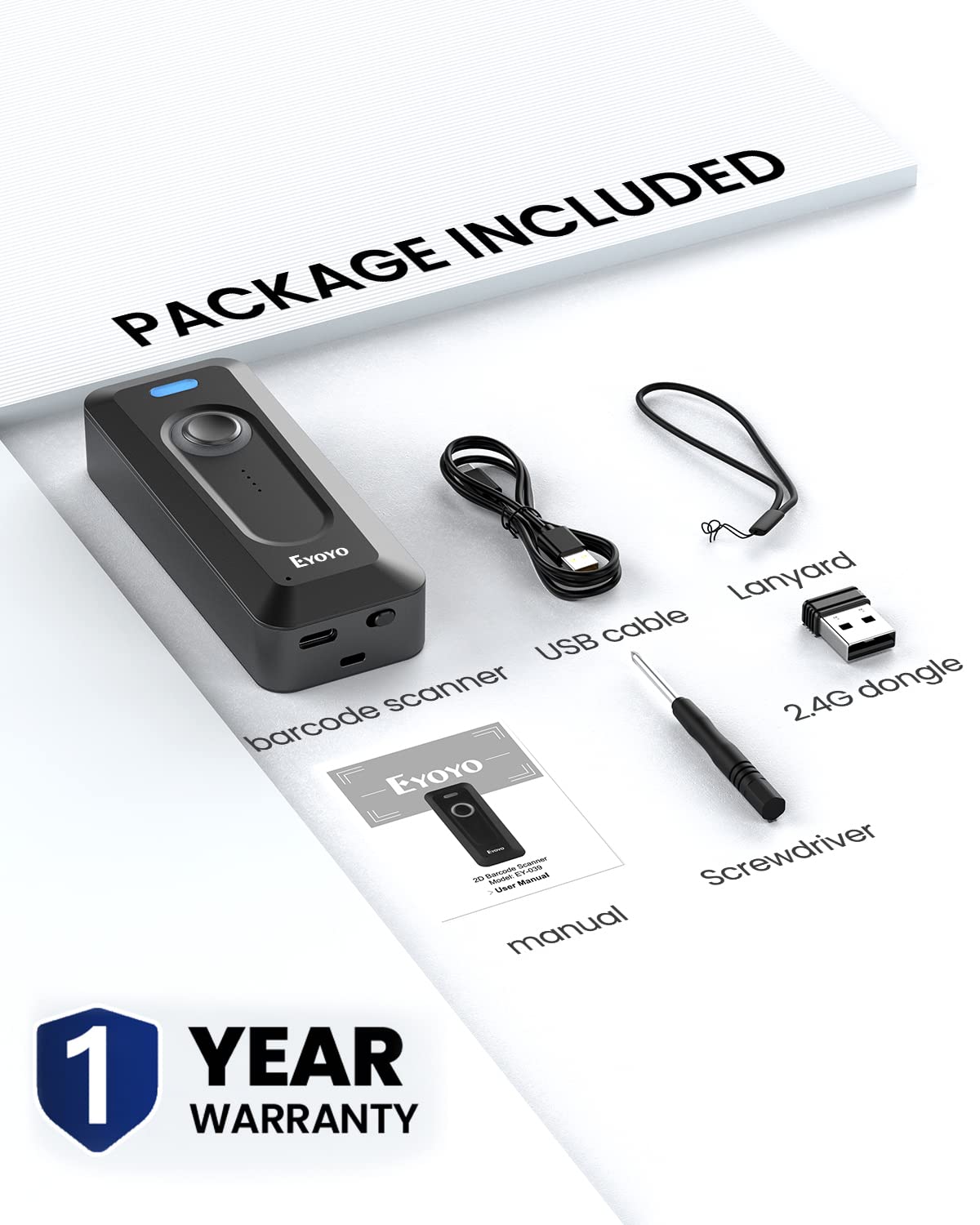 Eyoyo 2D Bluetooth Wireless Barcode Scanner - Portable QR Code Reader with 2000mAh Battery & Level Indicator - Compatible with iPhone, iPad, Android - Perfect for Library Book Inventory, Retail Stores & Warehouse Management