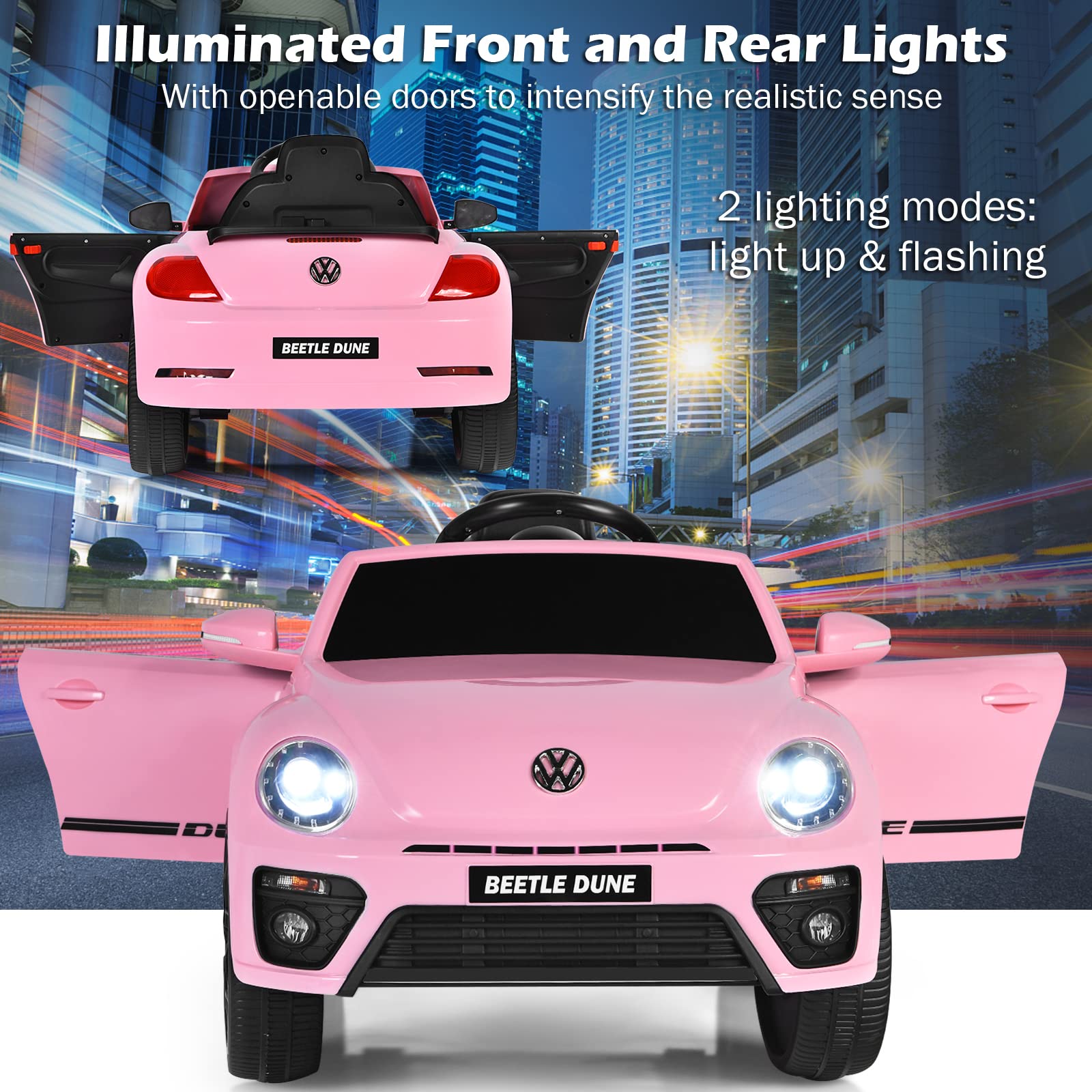 Costzon 12V Licensed Volkswagen Beetle Ride-On Car for Kids - Electric Battery-Powered Vehicle with Remote Control, Spring Suspension, LED Lights, USB Port, Horn & Music - 4-Wheeler Toy Car Gift for Boys & Girls (Pink) - Perfect for Birthday Presents, Outdoor Play & Indoor Fun