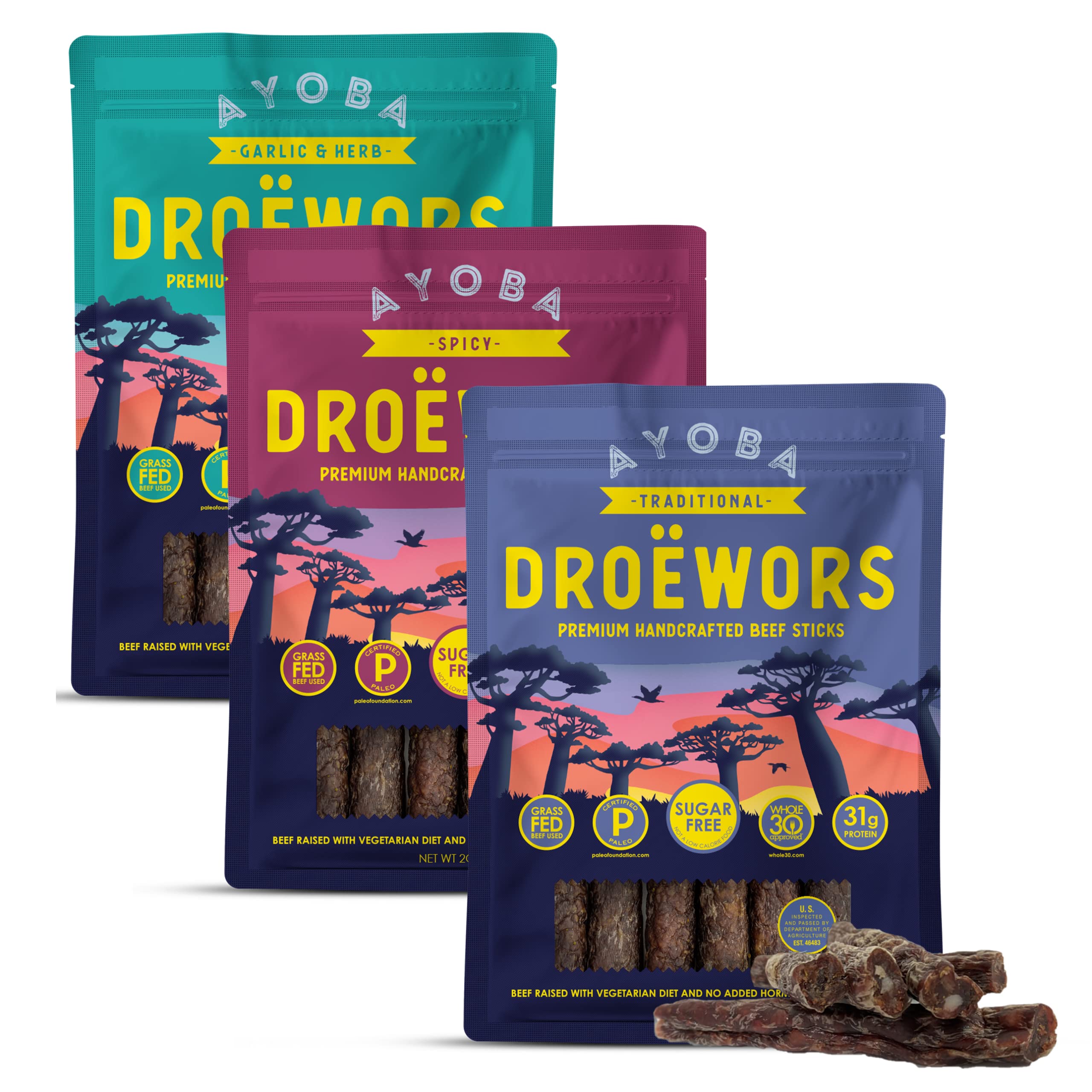 Grass-Fed Beef Paleo Sticks - Keto, Low Carb, Gluten Free, Nitrate Free, No Sugar Protein Snacks (2oz, Pack of 3) | Perfect for Hiking, Camping & On-the-Go Nutrition